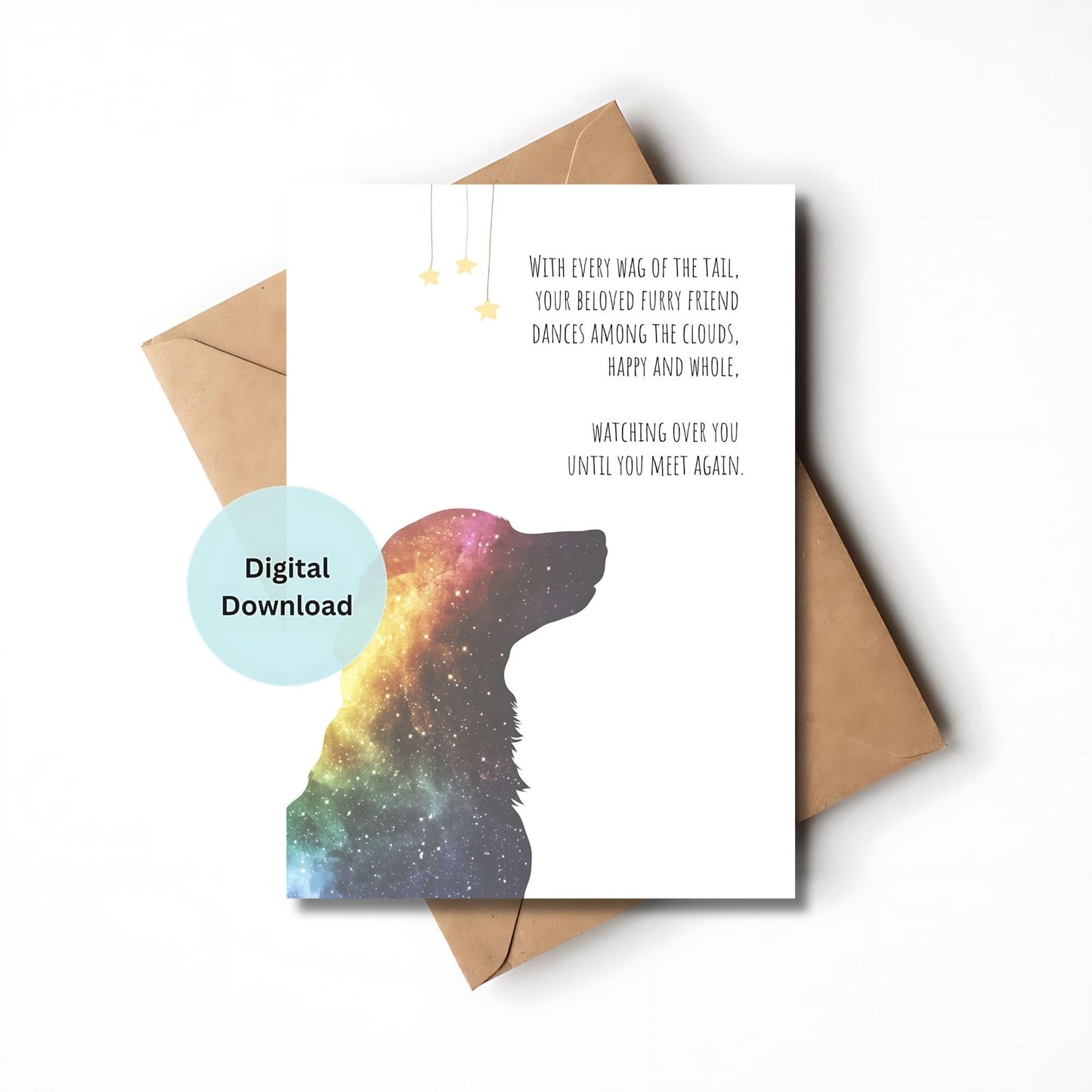 Dog sympathy card featuring Rainbow Bridge design.