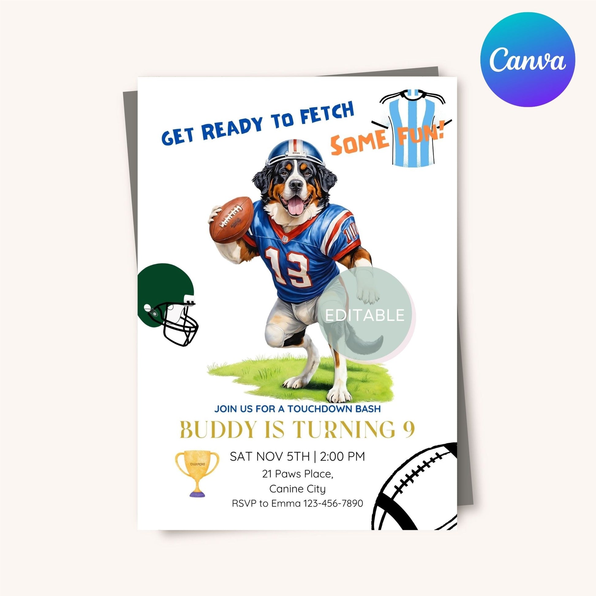 Customizable dog-themed party invite for football lovers in Canva