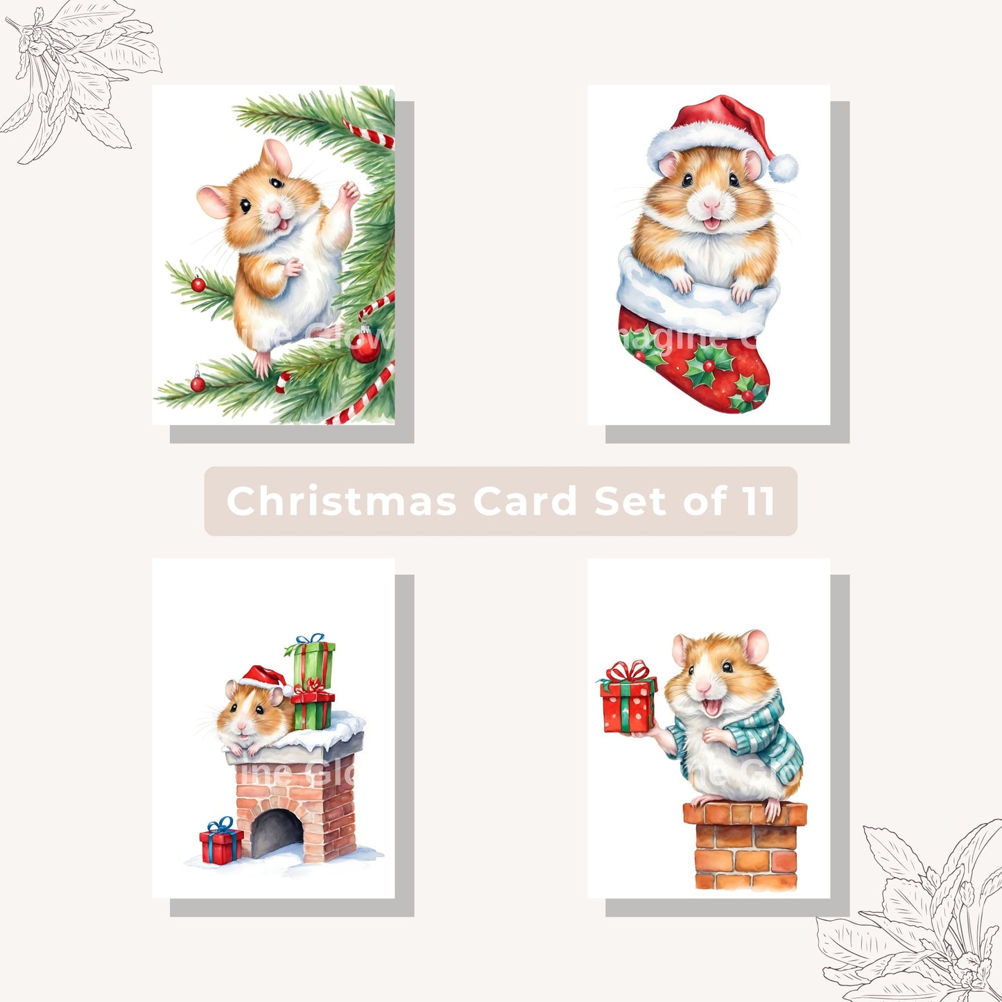 Printable holiday cards featuring cute hamsters, perfect for Christmas greetings.