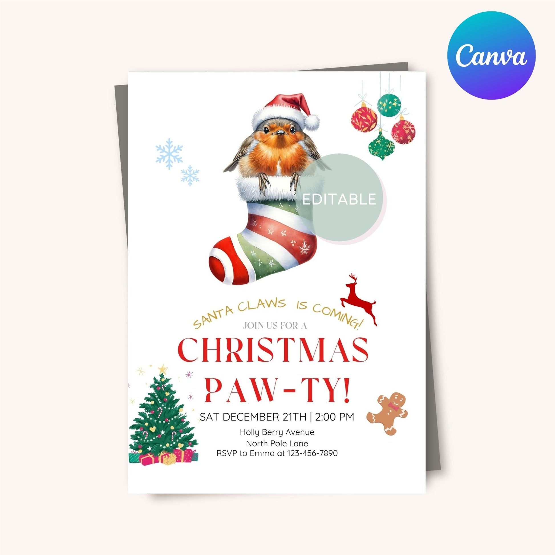 Editable holiday invite featuring robin for seasonal celebrations