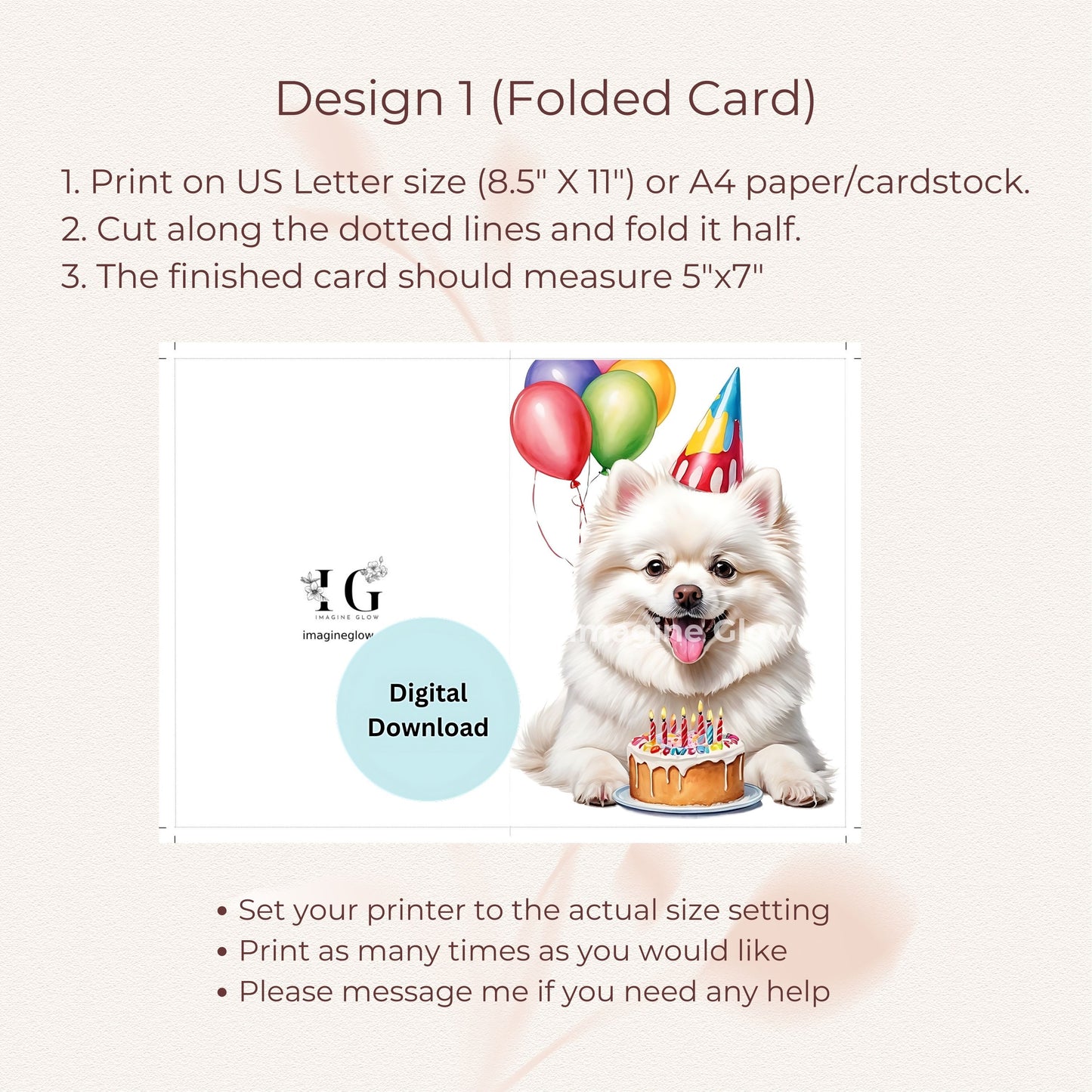 Cute dog birthday card perfect for celebrating special occasions.
Digital download of a white Pomeranian birthday card for dog lovers.