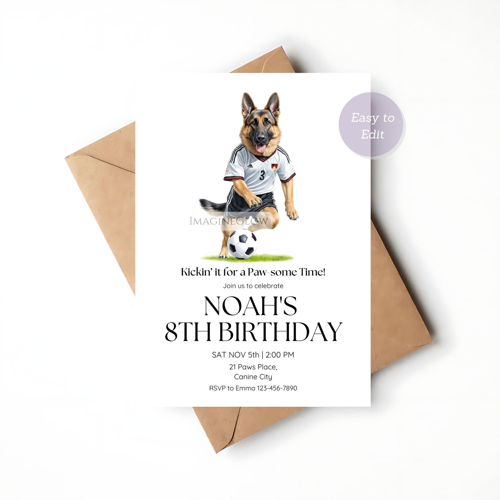 Birthday soccer invite featuring a German Shepherd dog