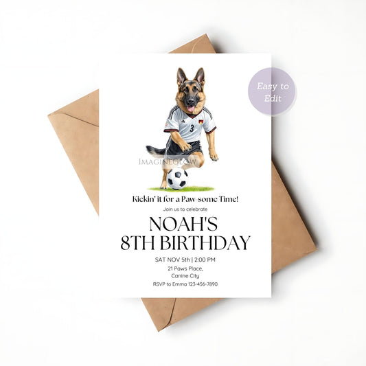 Birthday soccer invite featuring a German Shepherd dog