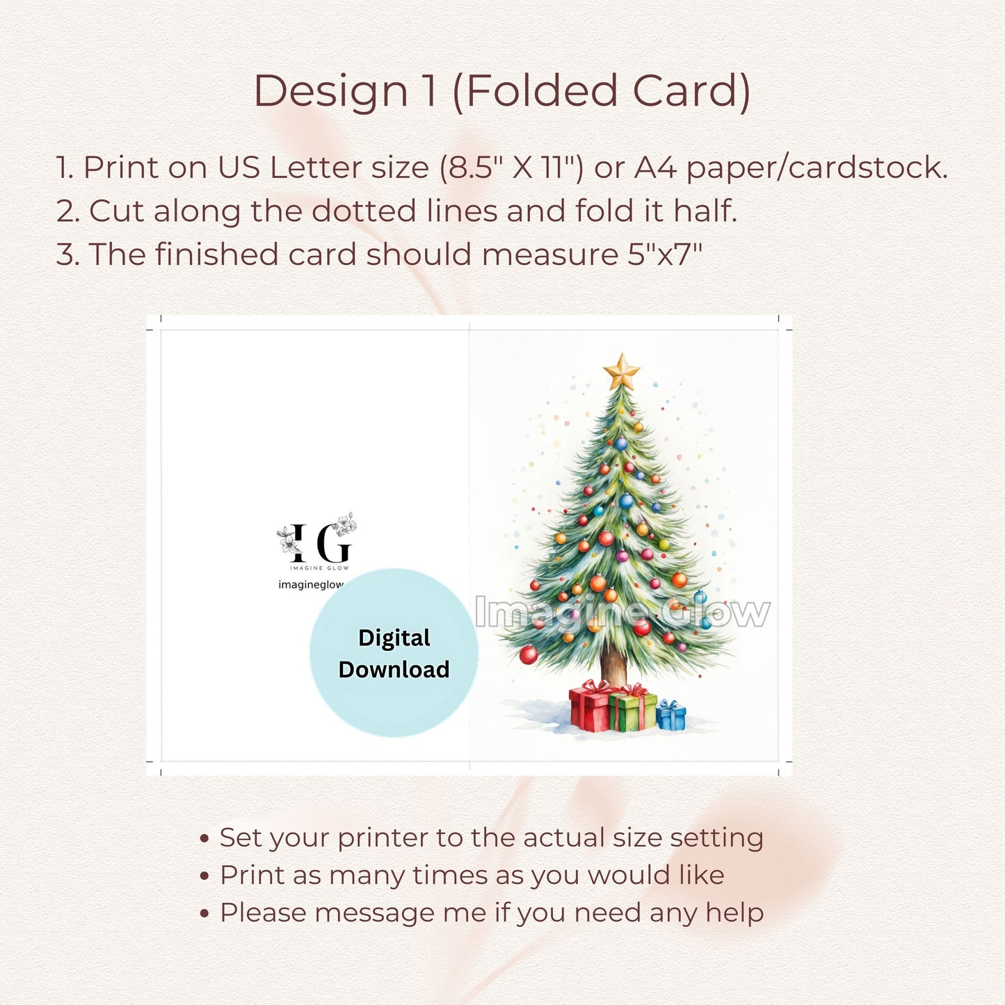 Festive Christmas tree printable card for personal holiday messages
