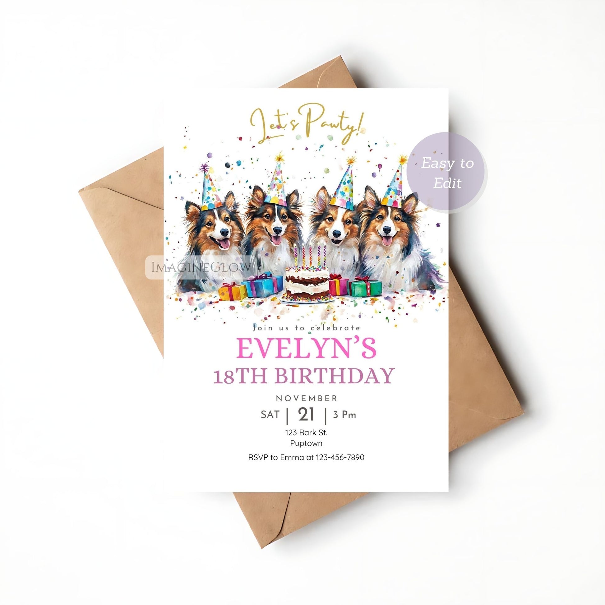 Editable Shetland Sheepdog celebration invitation, perfect for a dog birthday party