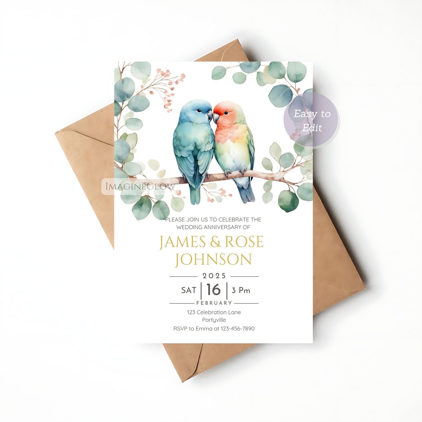 Anniversary party invitation with lovebirds, customizable for any milestone