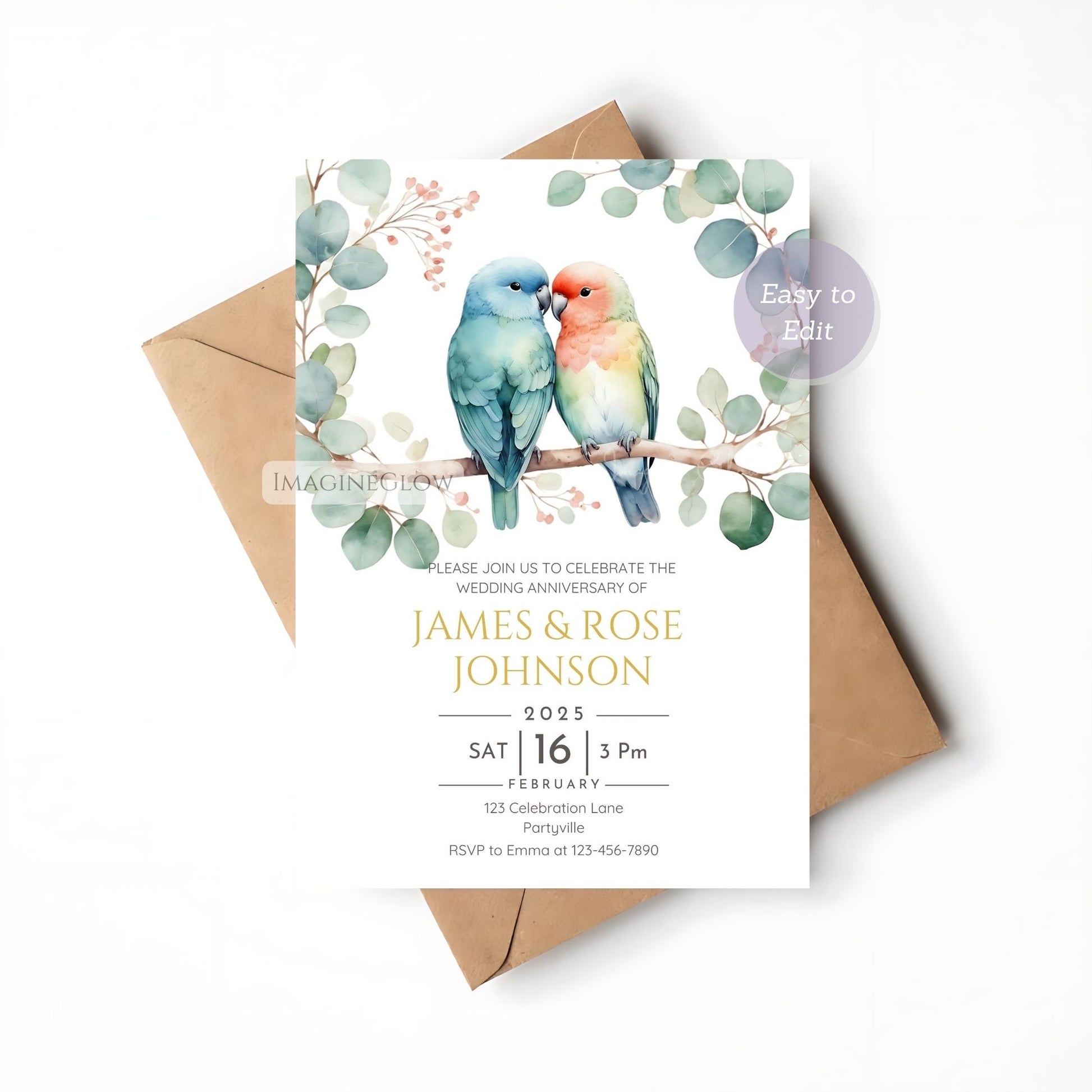 Anniversary party invitation with lovebirds, customizable for any milestone