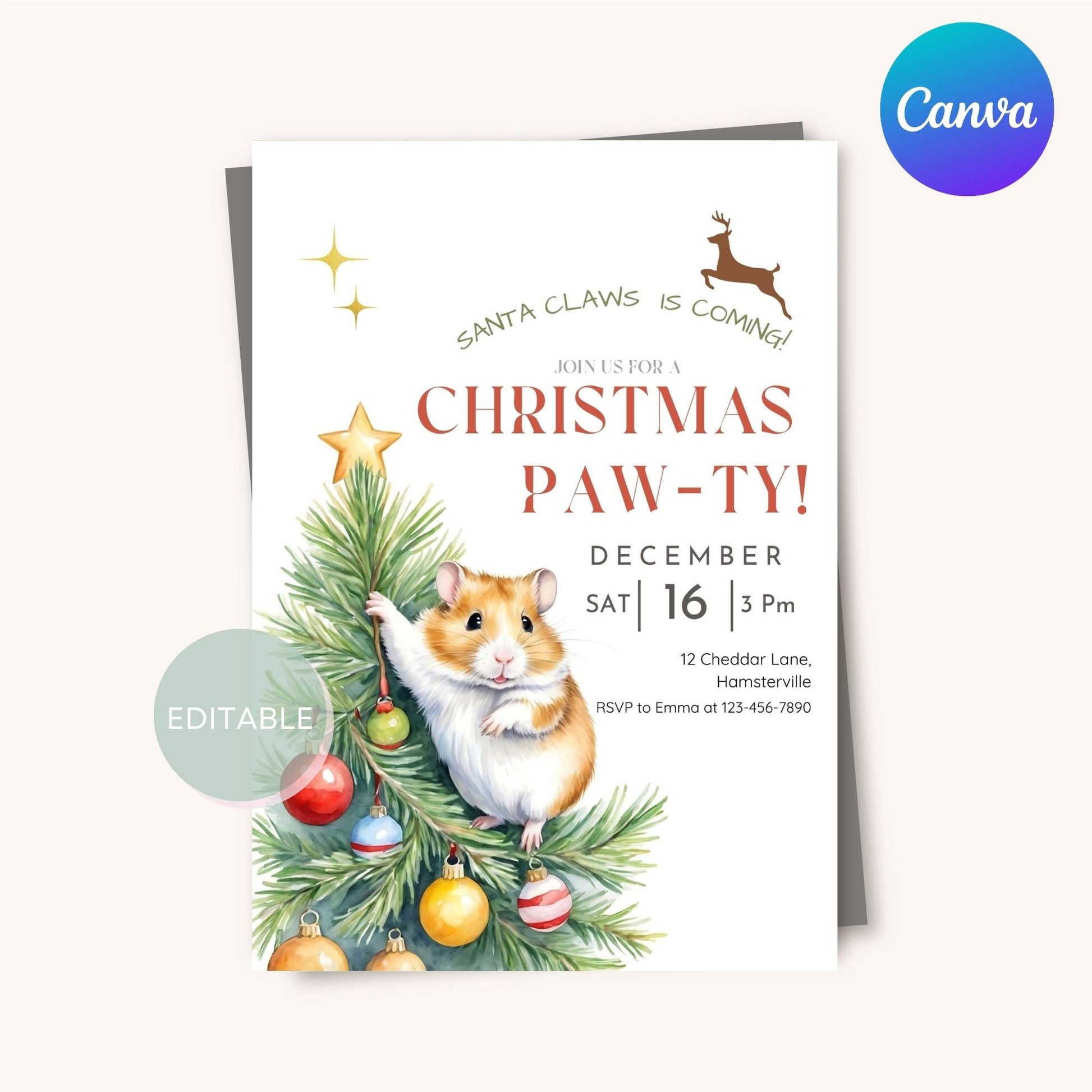 Digital Hamster Holiday Invitation - Editable Christmas party invite, perfect for animal lovers, available for download and print.