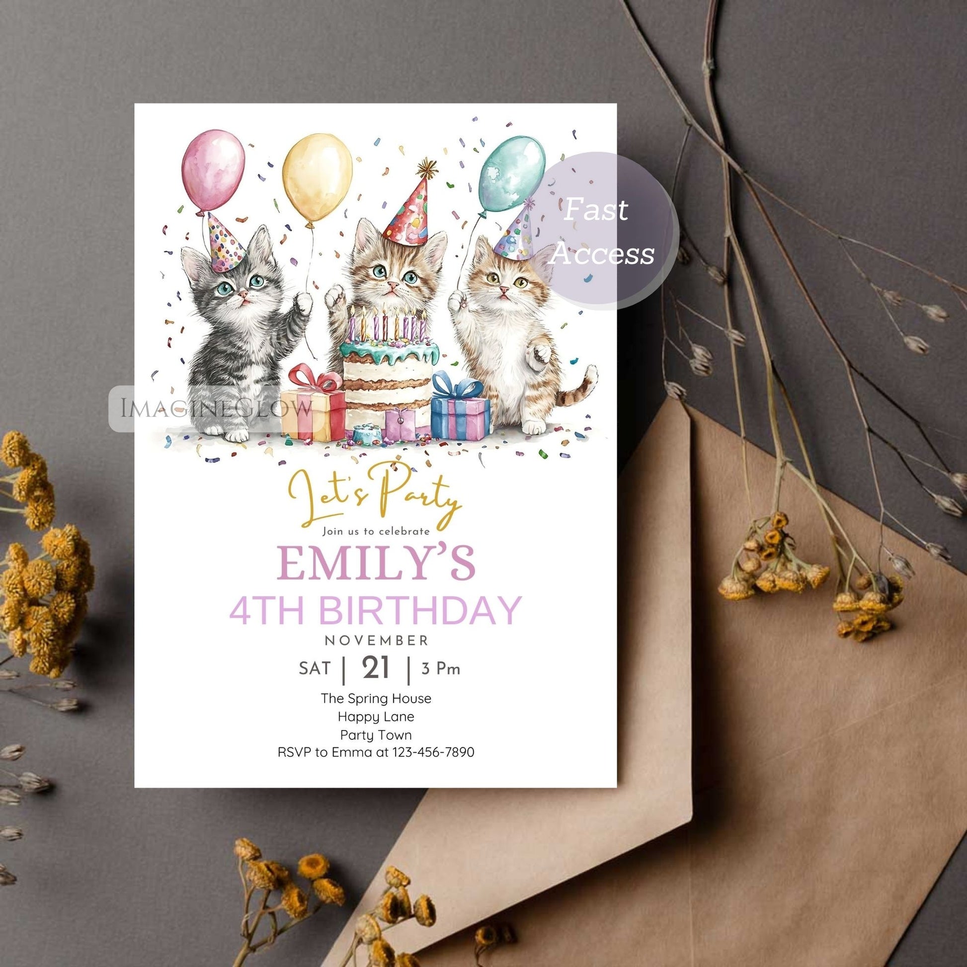 Triple cat party invite for kids celebration
Editable kitten invitation with three cats