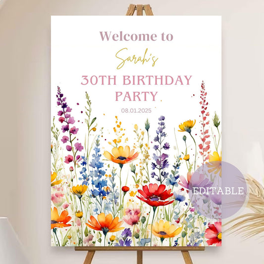 Editable 30th birthday welcome sign bright wildflowers customizable party poster
Floral 40th birthday sign with bright wildflowers editable age milestone decor