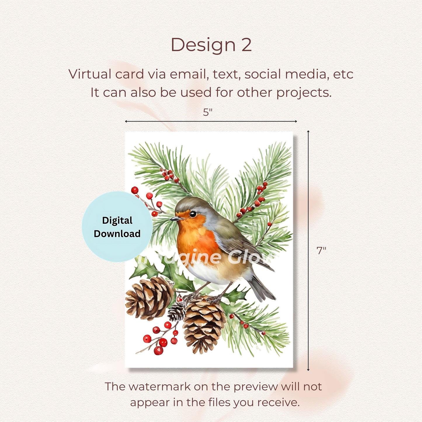 Robin Christmas Card Set of 12 - Holiday Greeting Cards - Festive Printable Cards