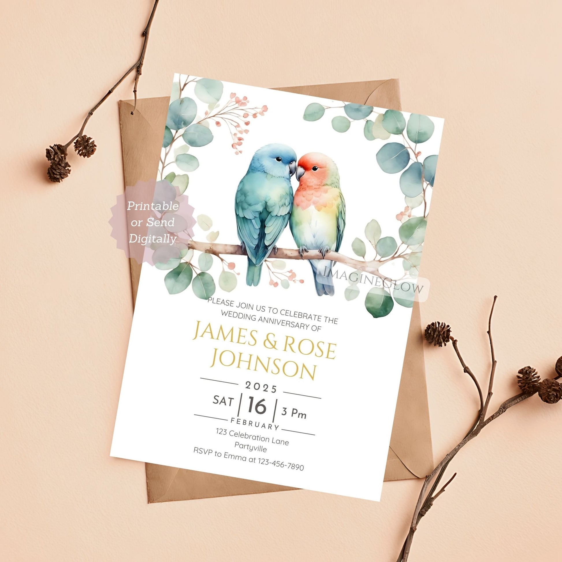 Lovebirds-themed wedding invite template, mobile and printable, editable in Canva