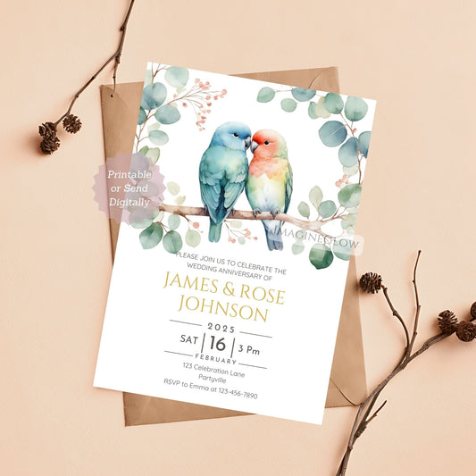 Lovebirds-themed wedding invite template, mobile and printable, editable in Canva