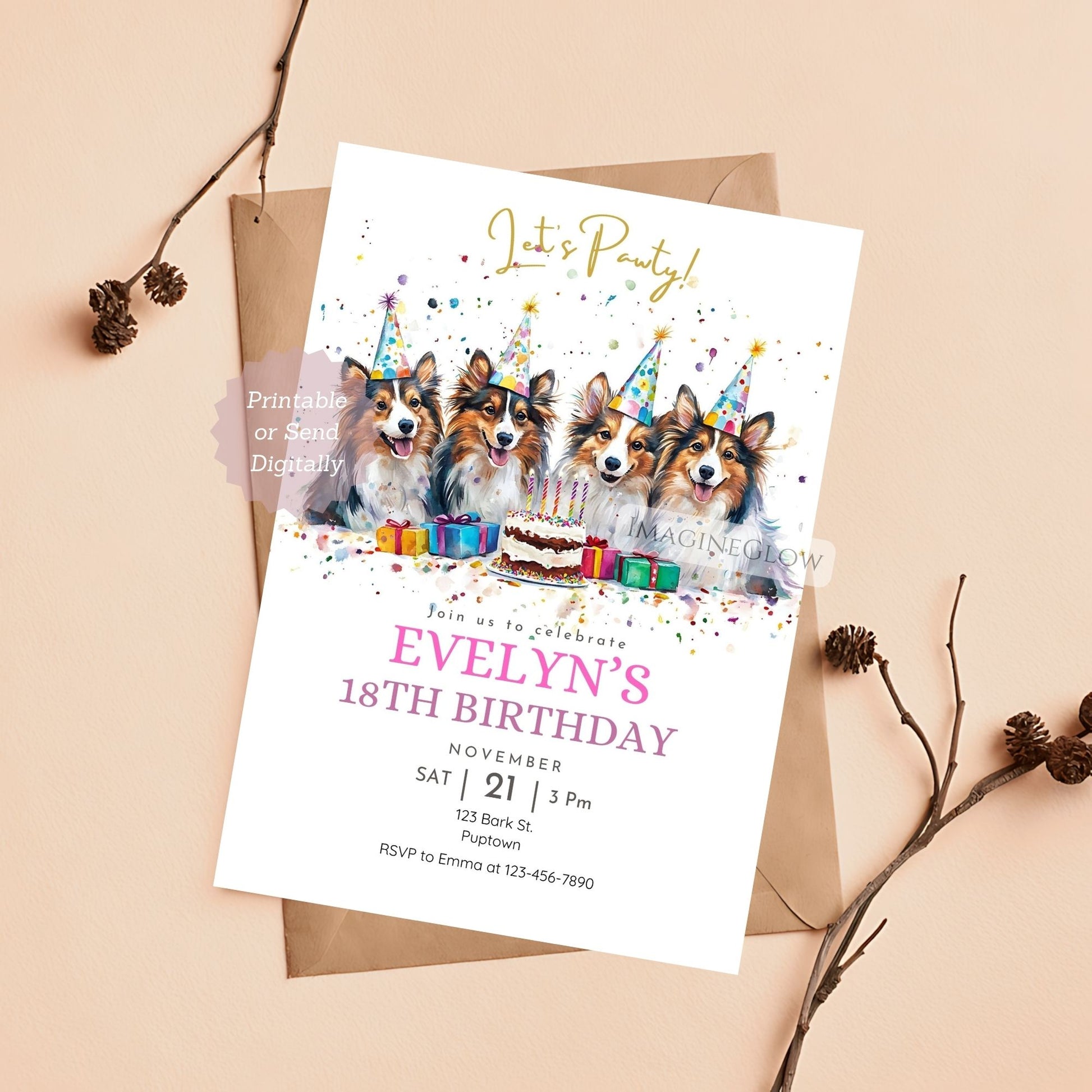 Shetland Sheepdog dog birthday card template, easy to personalize in Canva