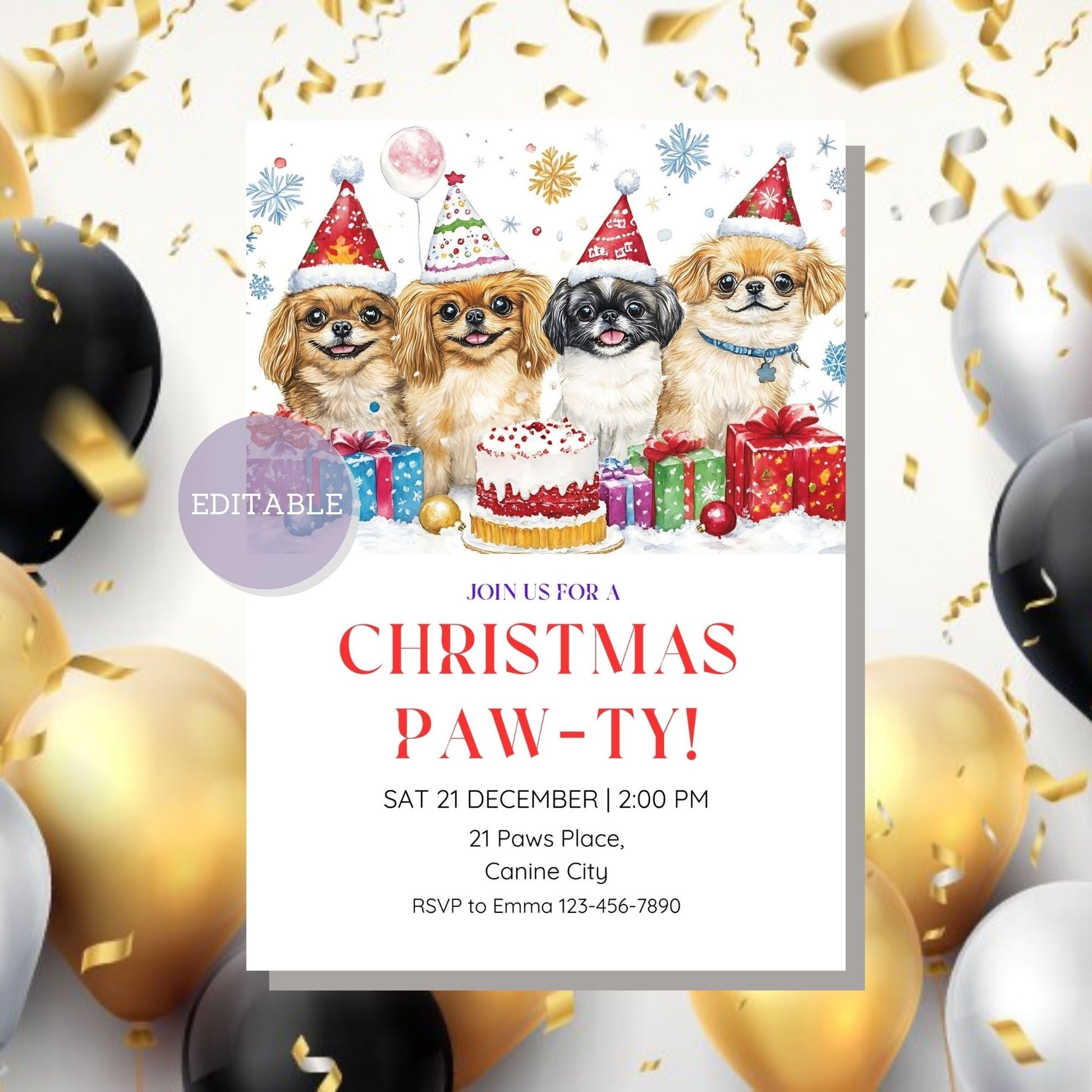 Printable Pekingese Christmas Party Invite - Customizable holiday invitation for dog lovers, ideal for festive gatherings.