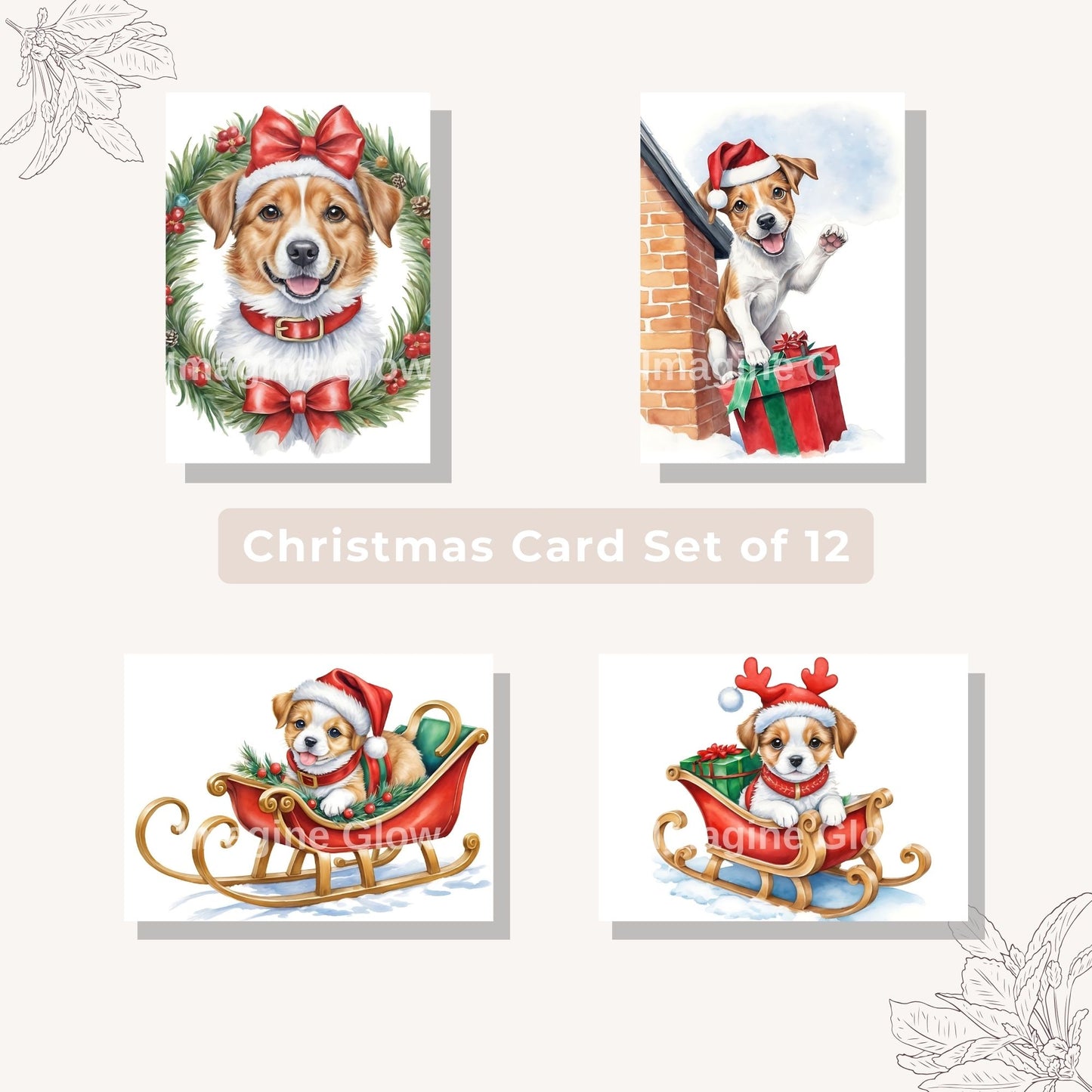 Dog-themed Christmas greeting cards, available as a digital download.