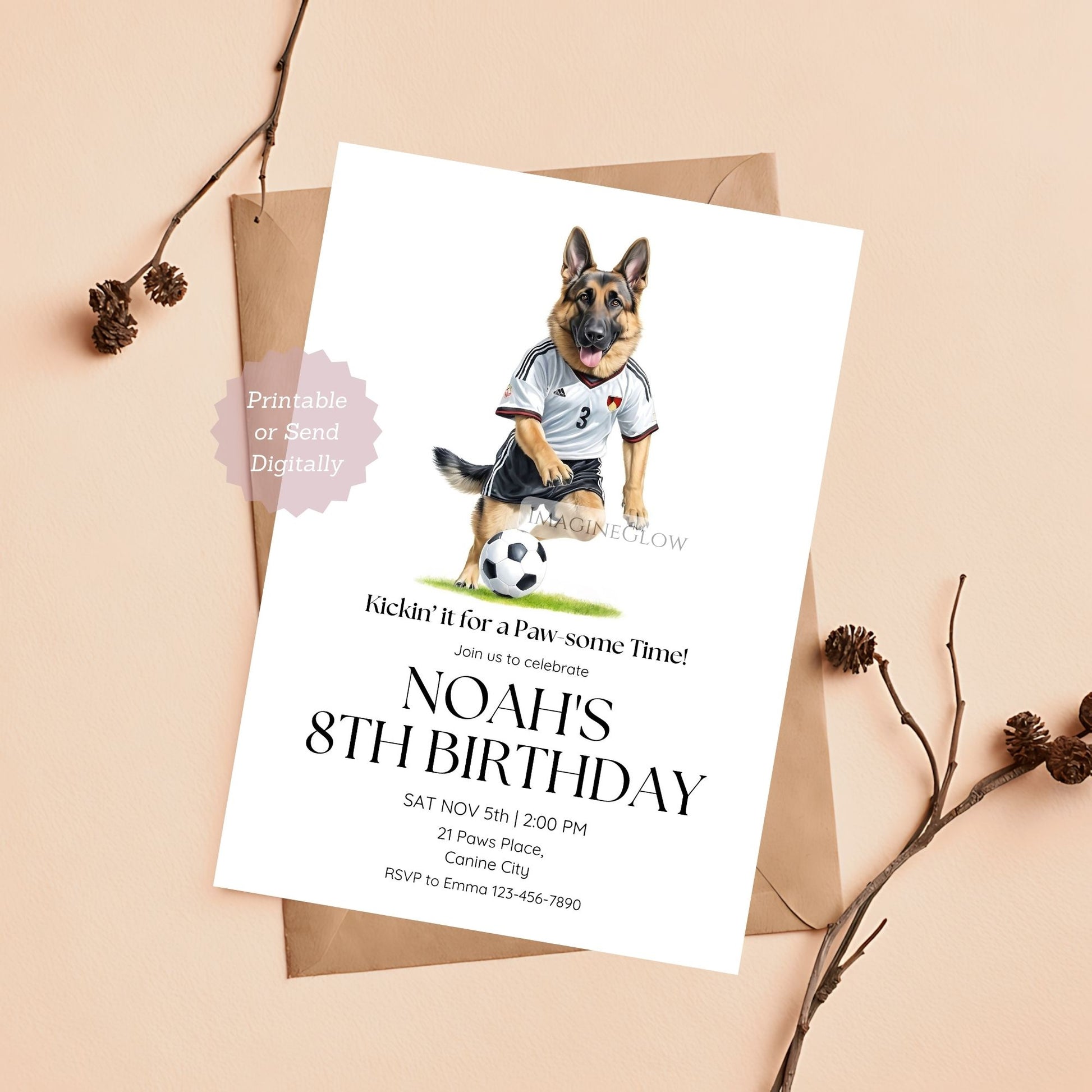 Fun kid's birthday invitation with a German Shepherd in football theme