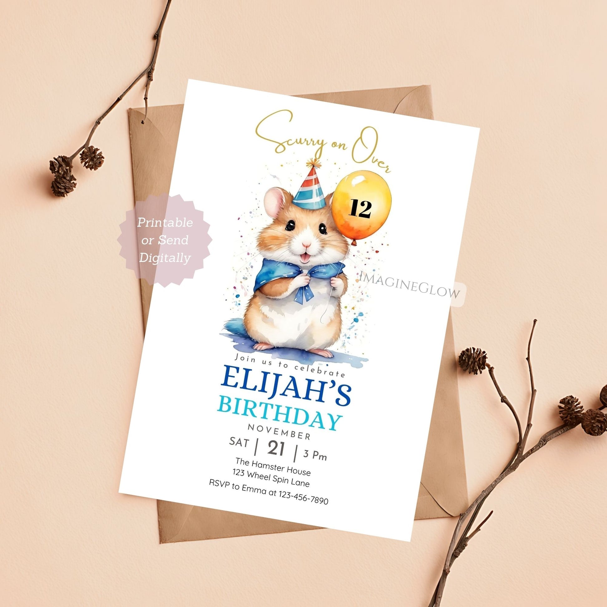 Hamster Invite with editable age balloon