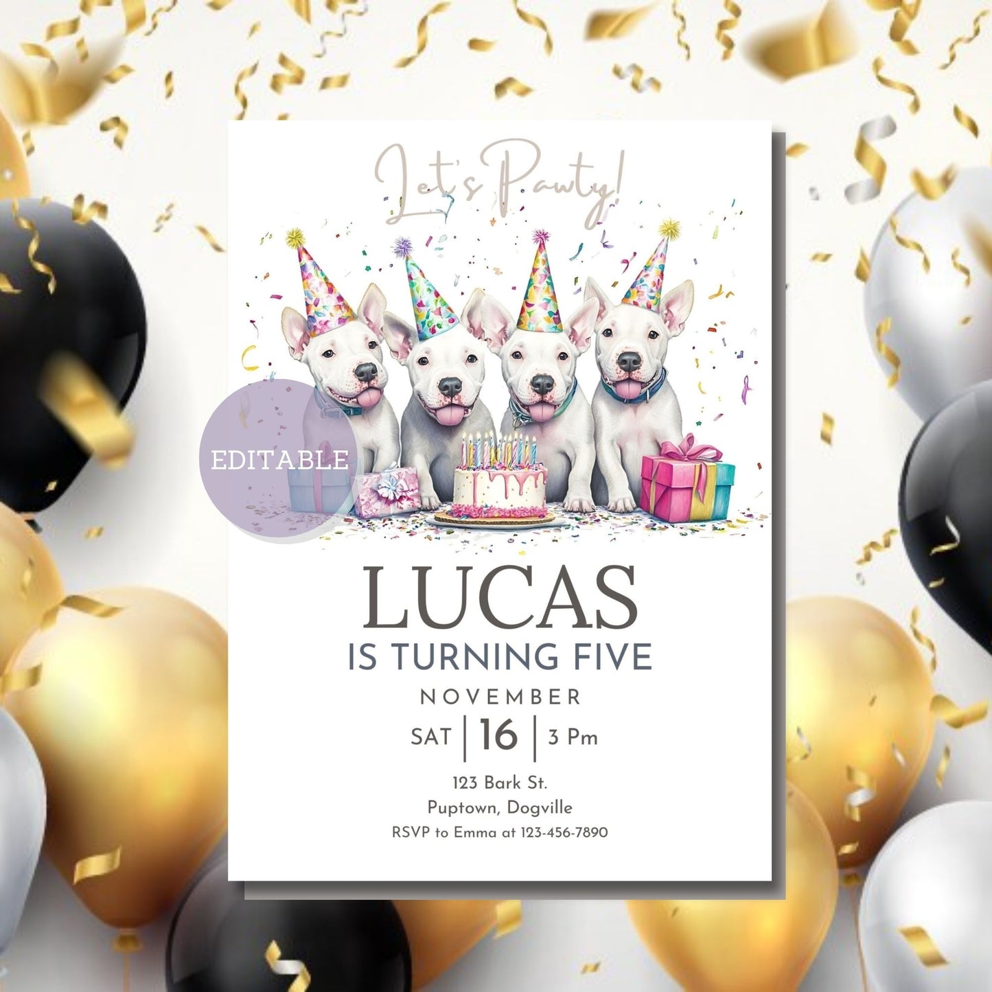 Printable Bull Terrier dog invitation, digital download.