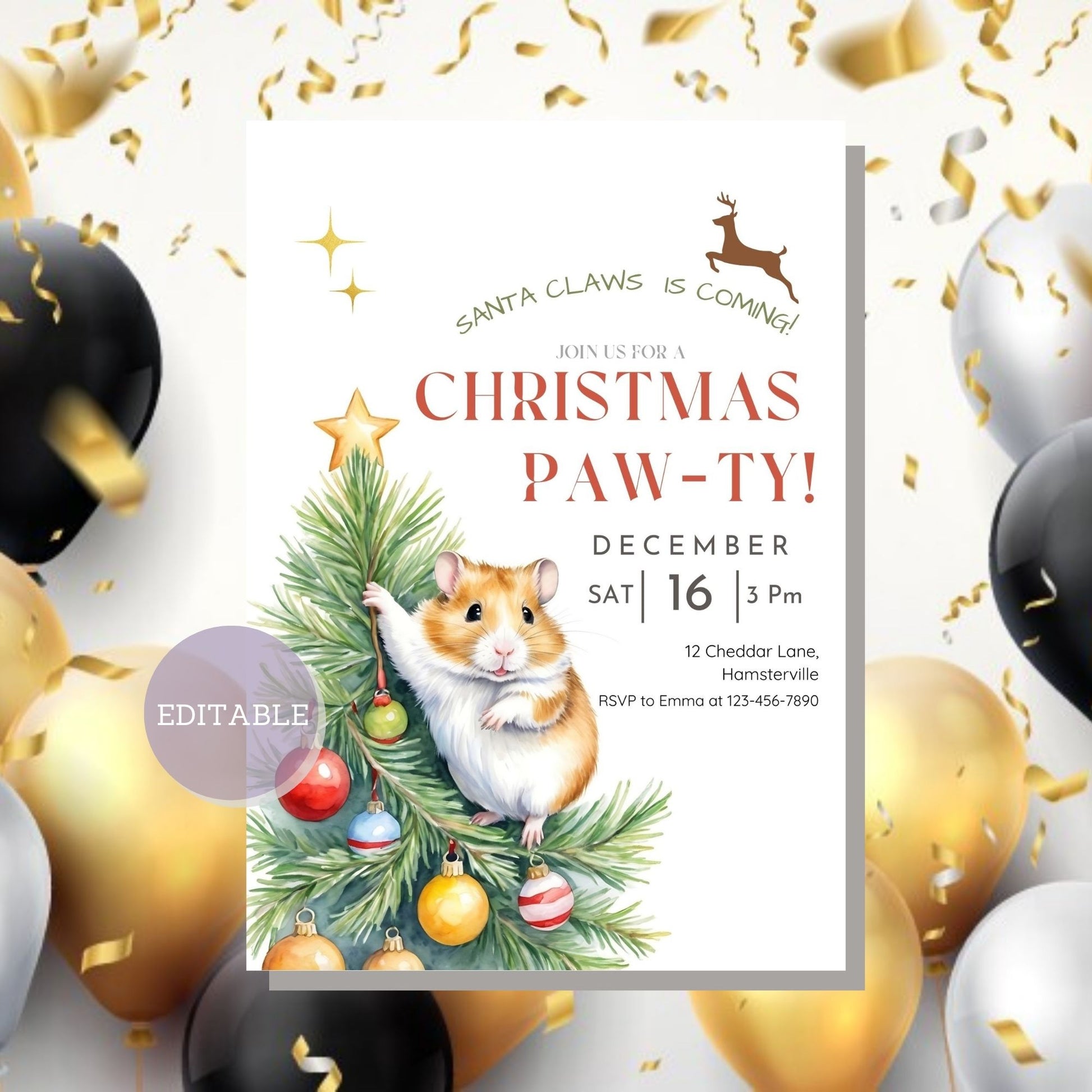 Customizable Hamster Christmas Party Invitation Template with a festive hamster design - Editable in Canva, perfect for holiday parties.