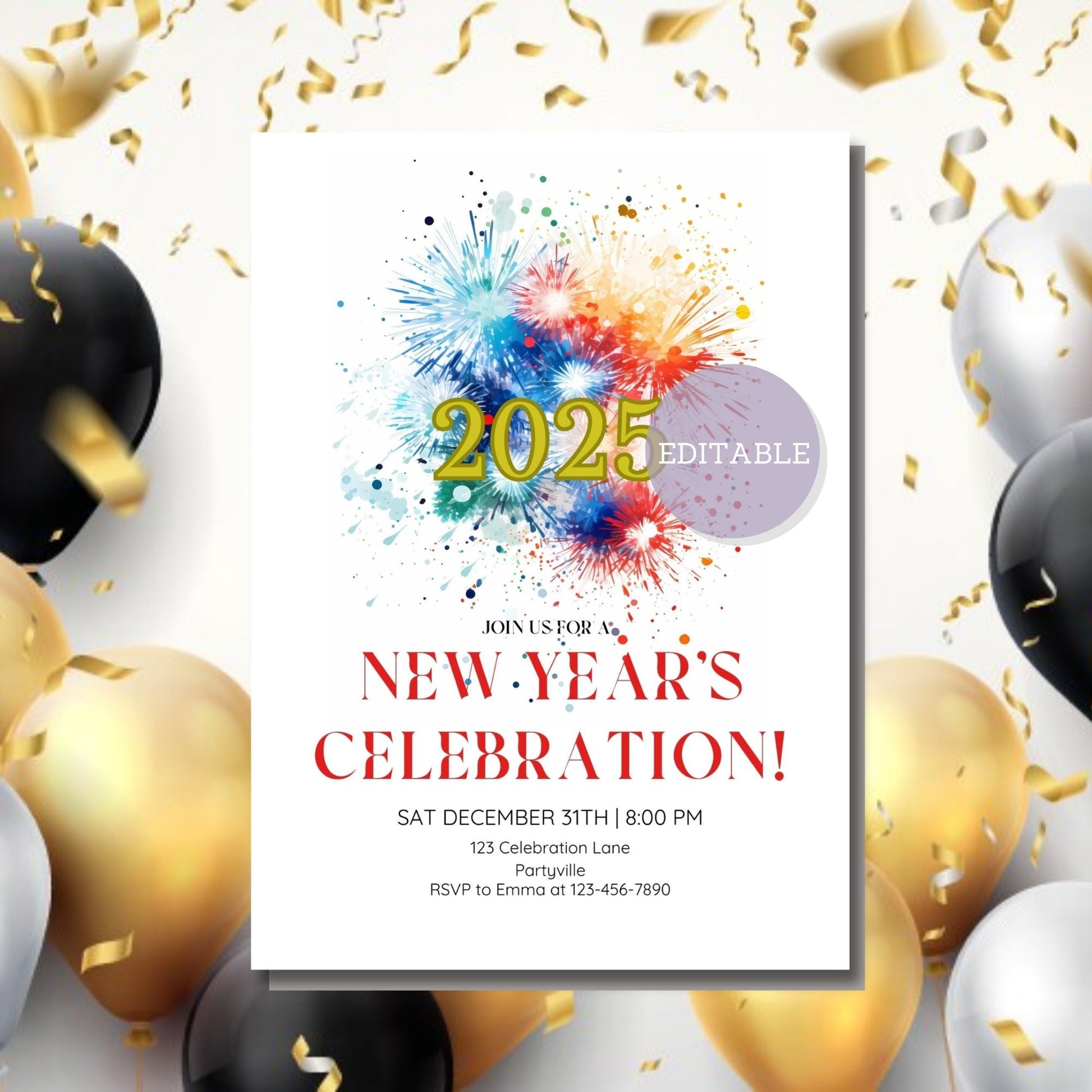 Digital Download Fireworks New Year's Eve Invitation Template