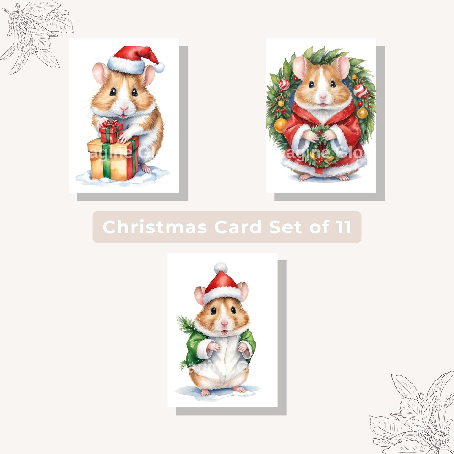 Hamster-themed Christmas cards set, available as a digital download for pet lovers.
