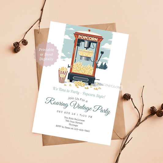 Popcorn machine party invitation featuring retro snack theme, perfect for movie nights, birthdays, or themed parties, available as a digital download