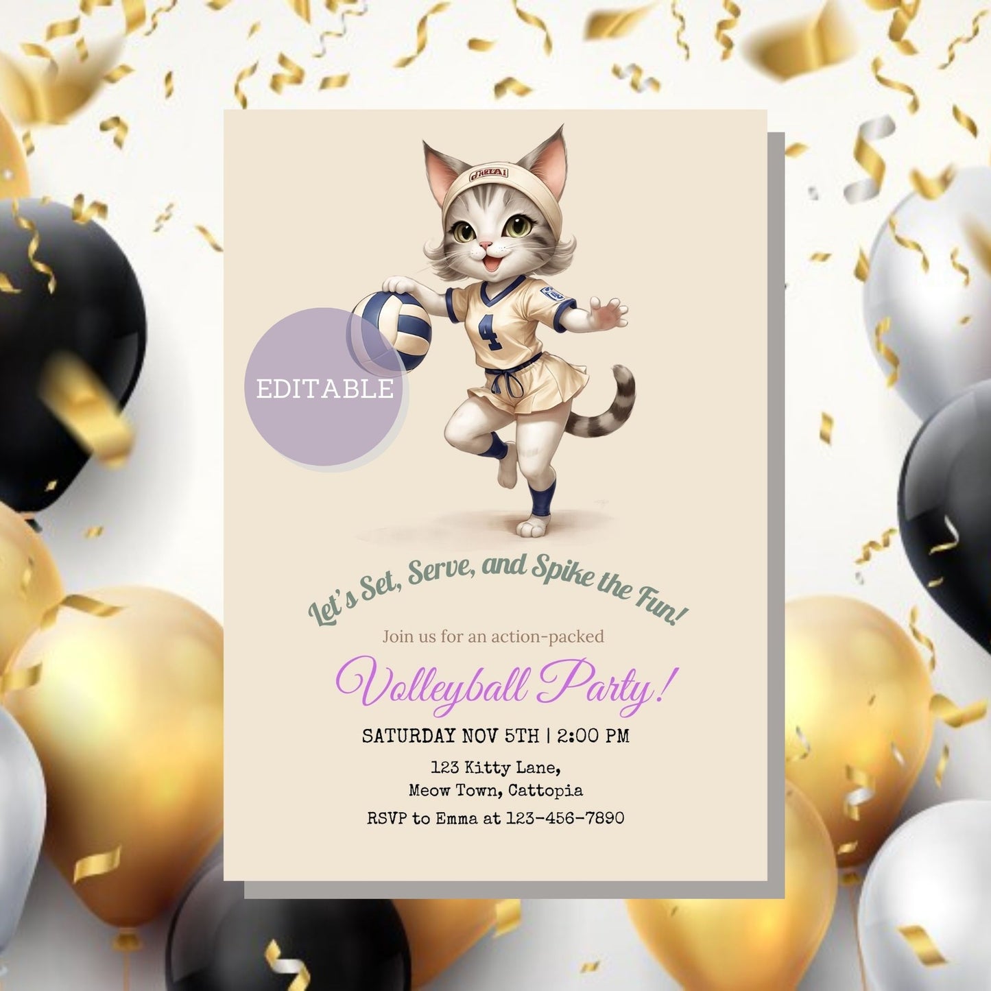Printable Kitten Volleyball Invitation Template - Perfect for Kid's Sports Party