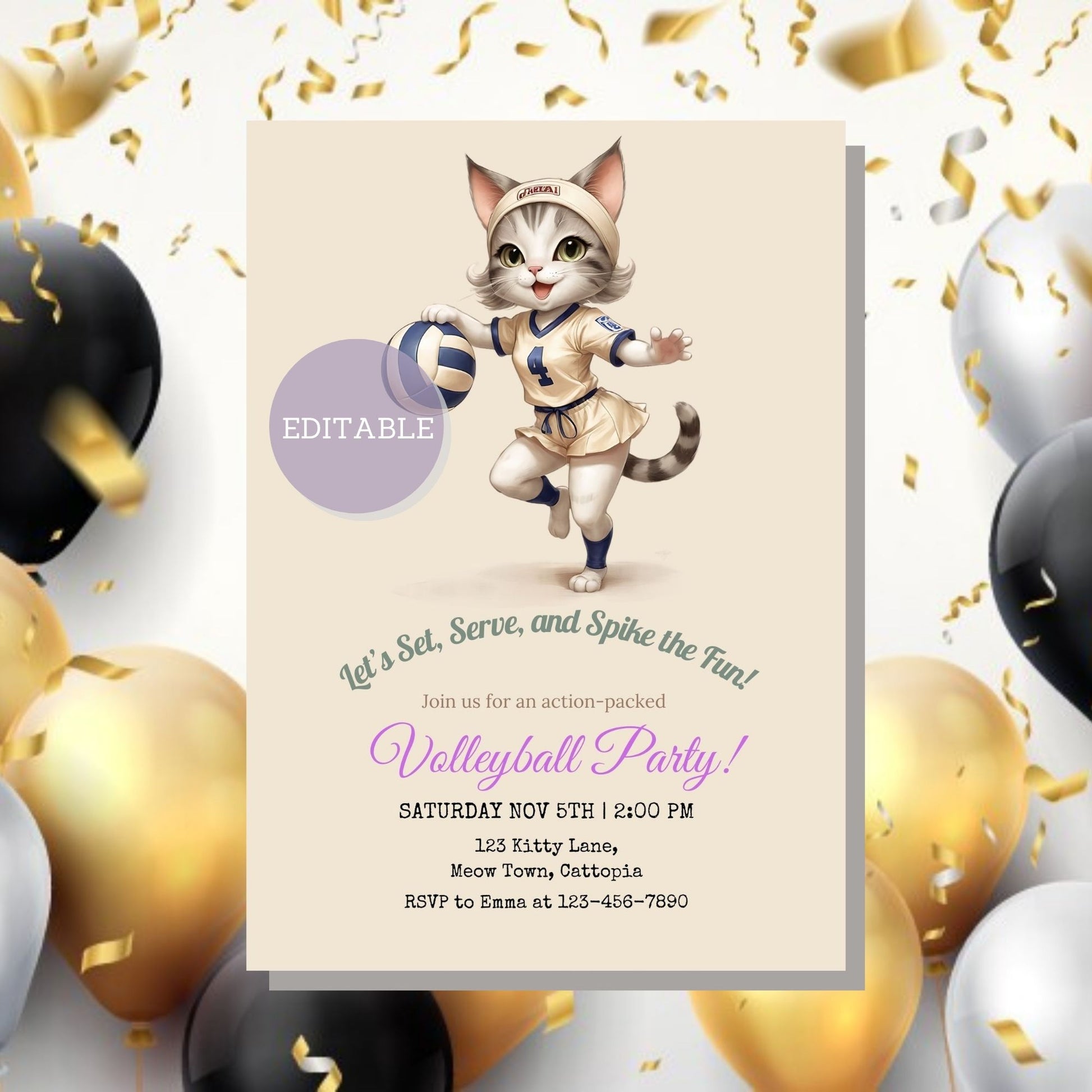 Printable Kitten Volleyball Invitation Template - Perfect for Kid's Sports Party