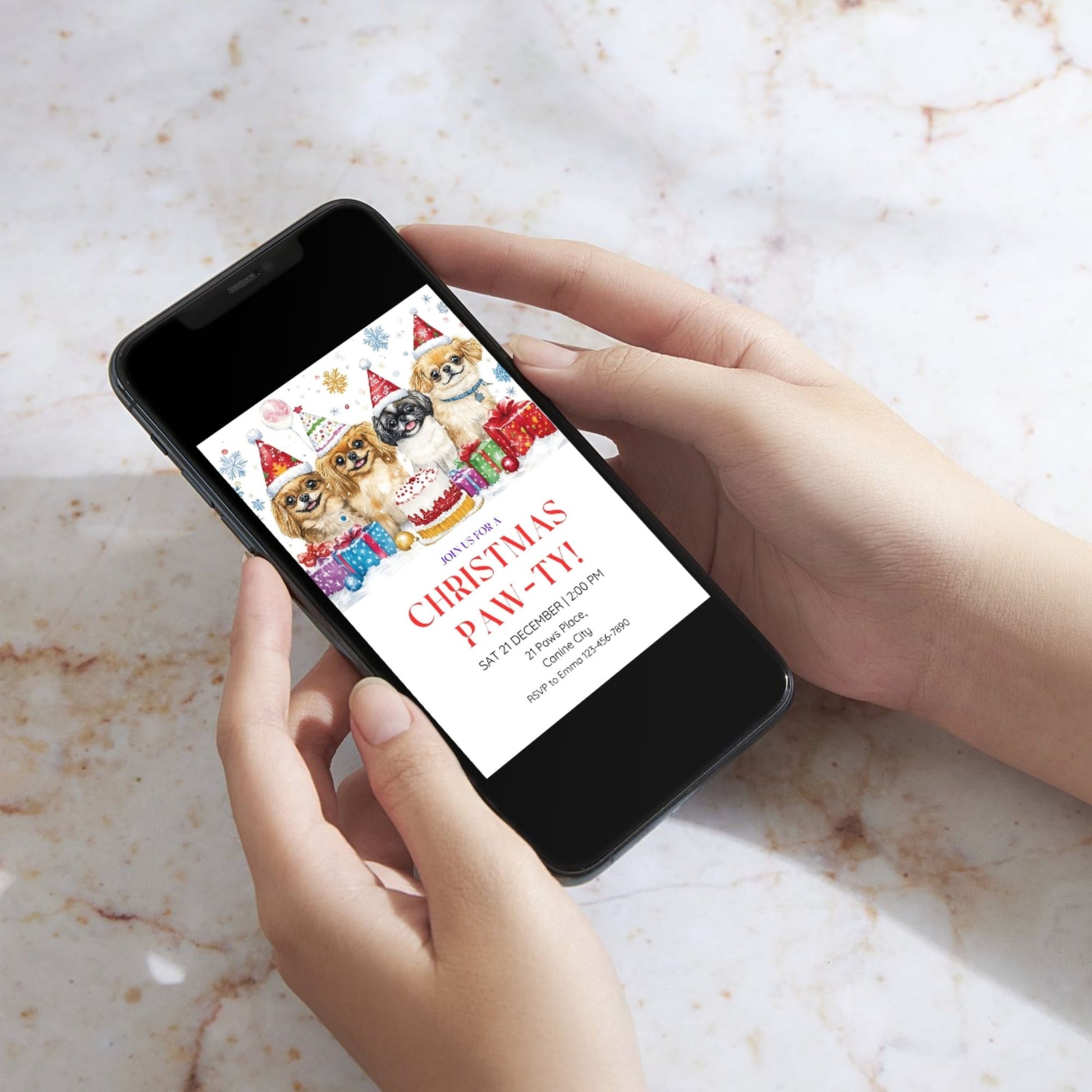 Editable Pekingese Christmas Invitation featuring a cute holiday dog theme - Digital download, ready to personalize for your party.