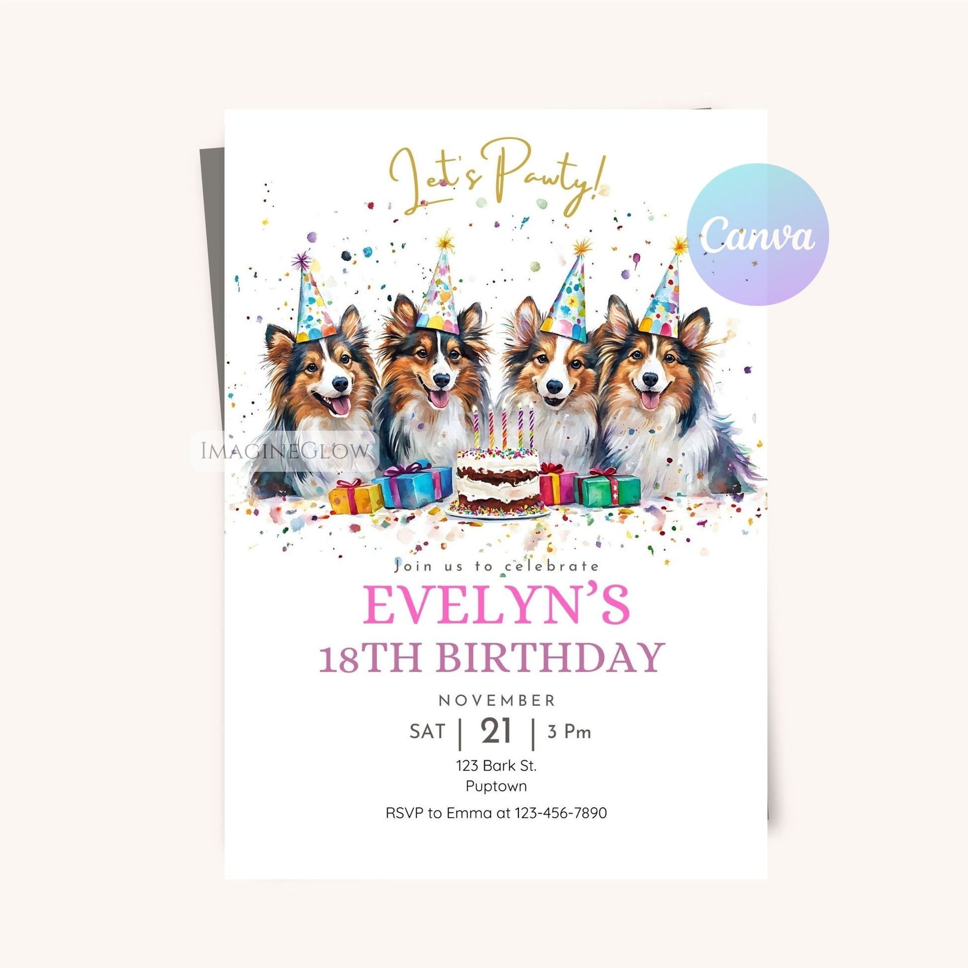 Digital Shetland Sheepdog dog birthday card template, easy to personalize in Canva