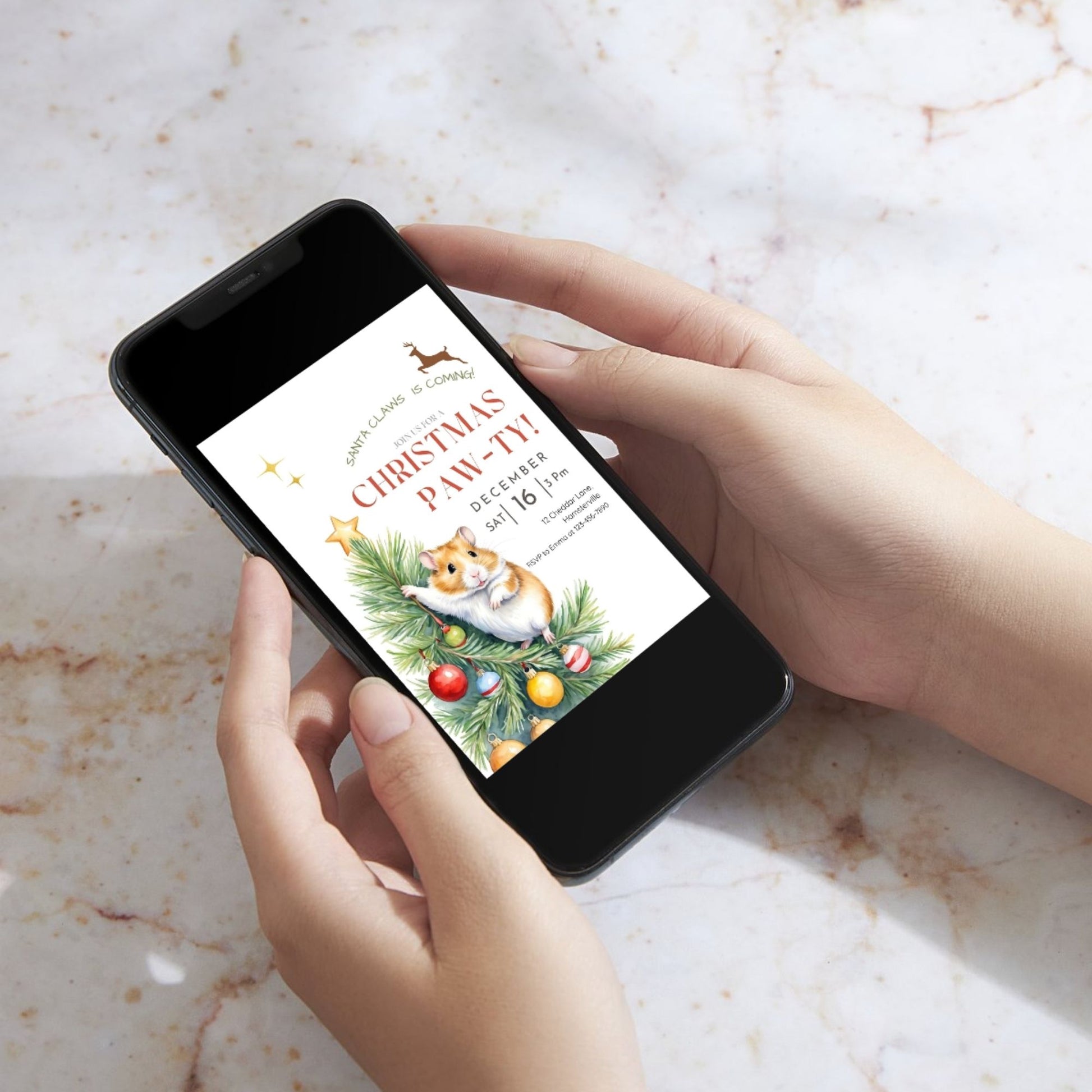 Printable Hamster Christmas Party Invite - Customizable holiday invitation, ideal for festive gatherings with a hamster theme.