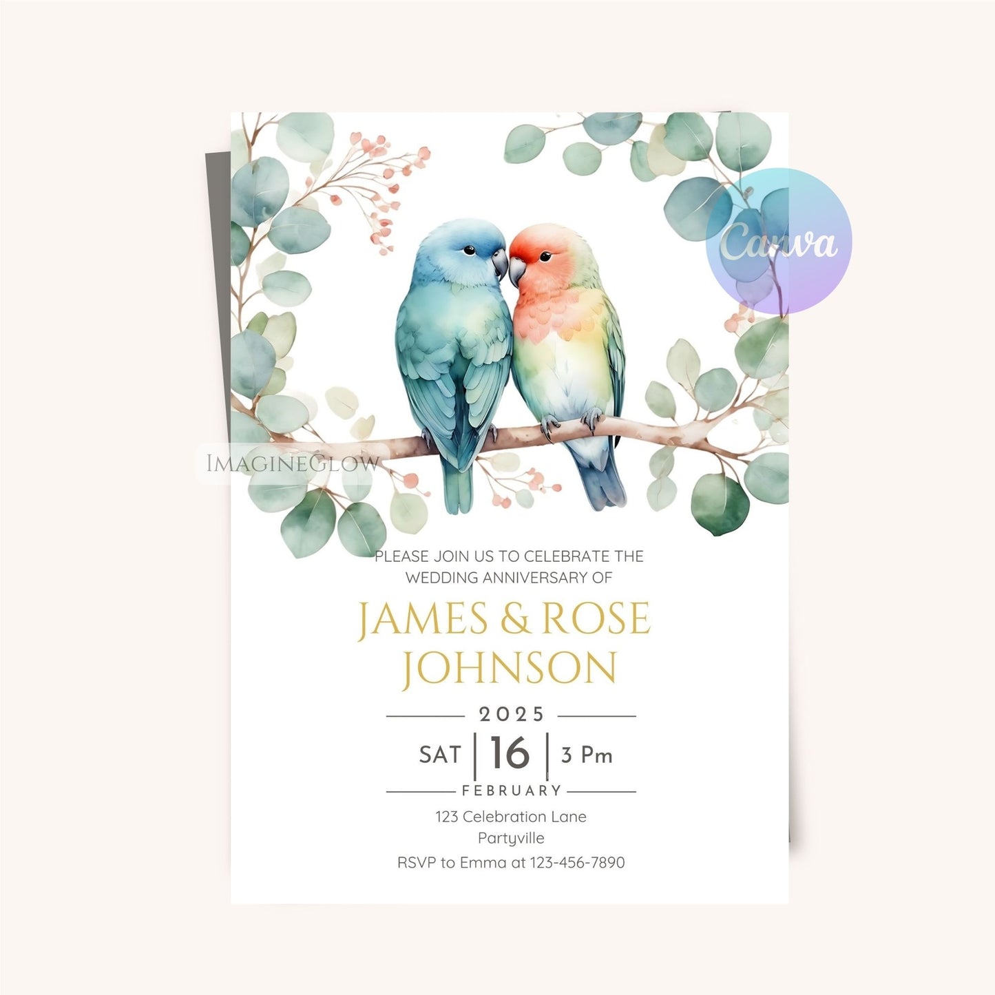 Lovebirds wedding invite template, mobile and printable, editable in Canva