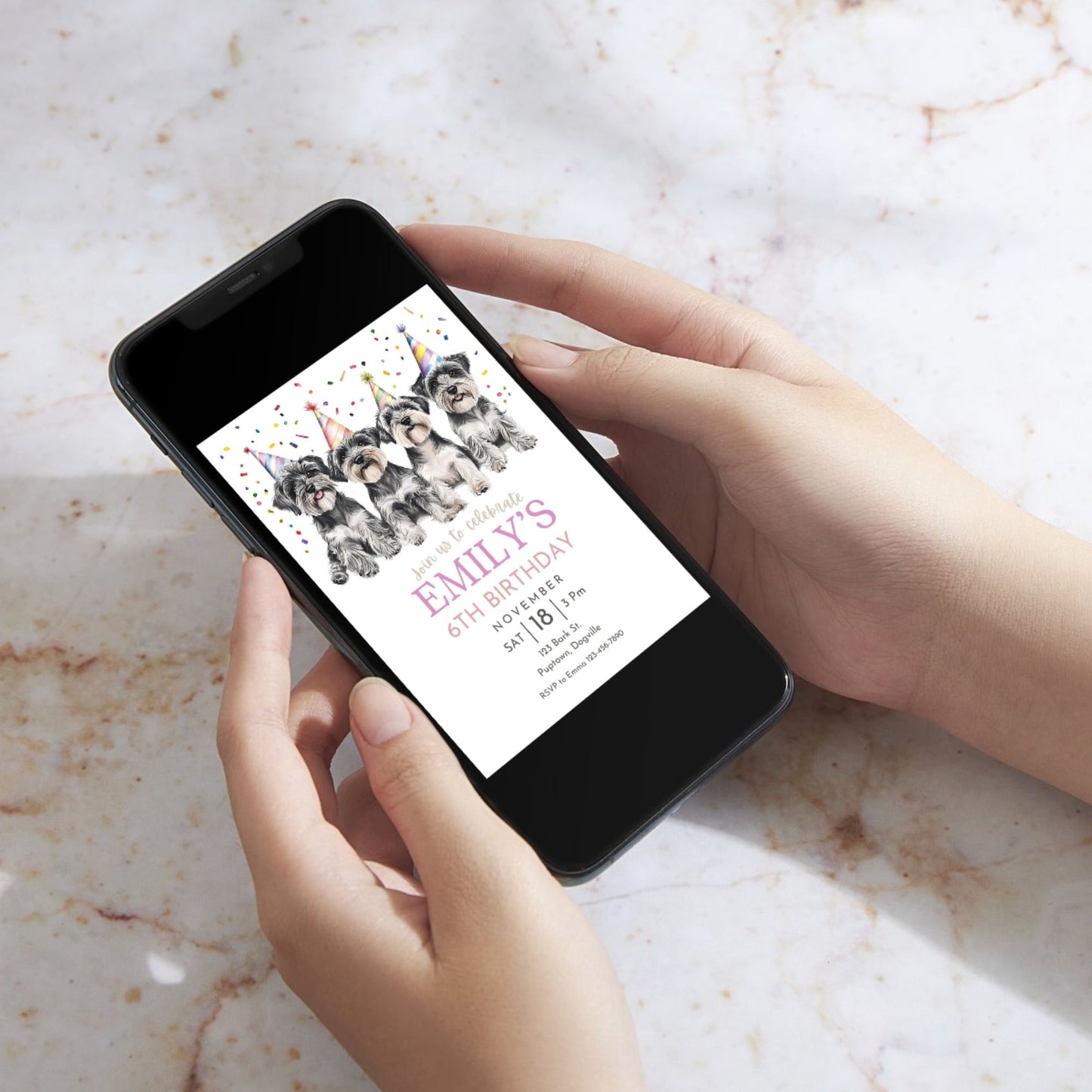 Miniature Schnauzer dog-themed party invitation, digital download and printable.