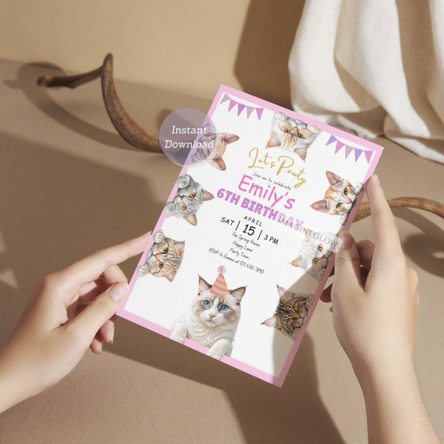 Cat Themed Birthday Invitation - Cute Kitten Party Invite - Girl Birthday