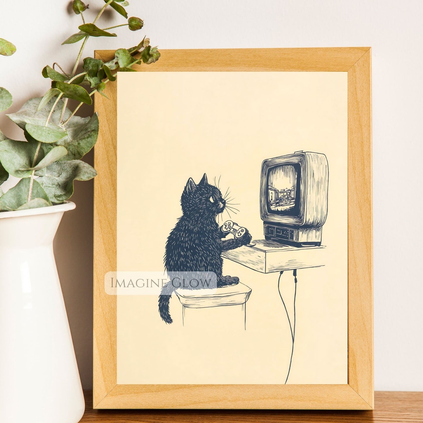 Black cat in video game world poster for gaming rooms