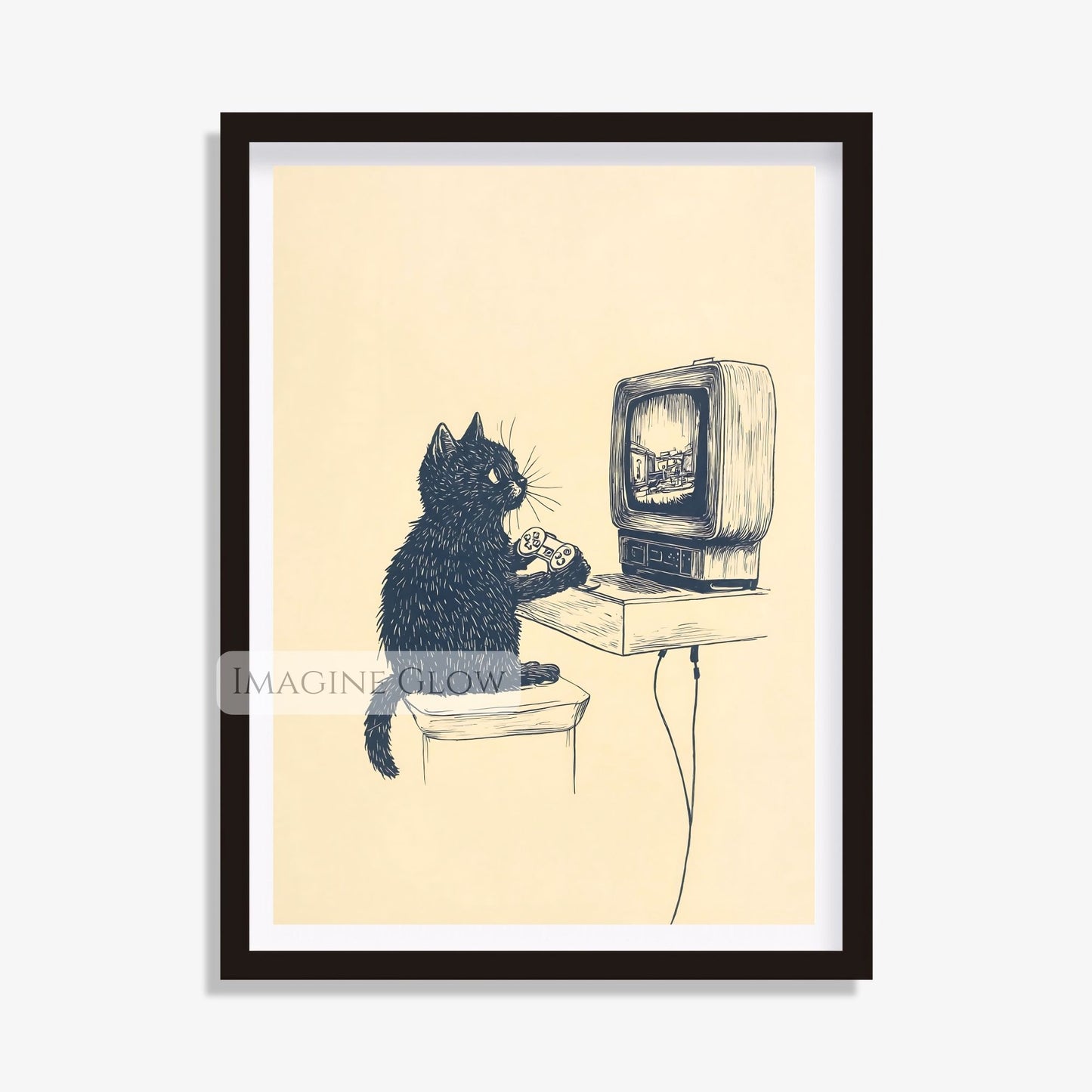 Retro black cat gaming art for 90s enthusiasts