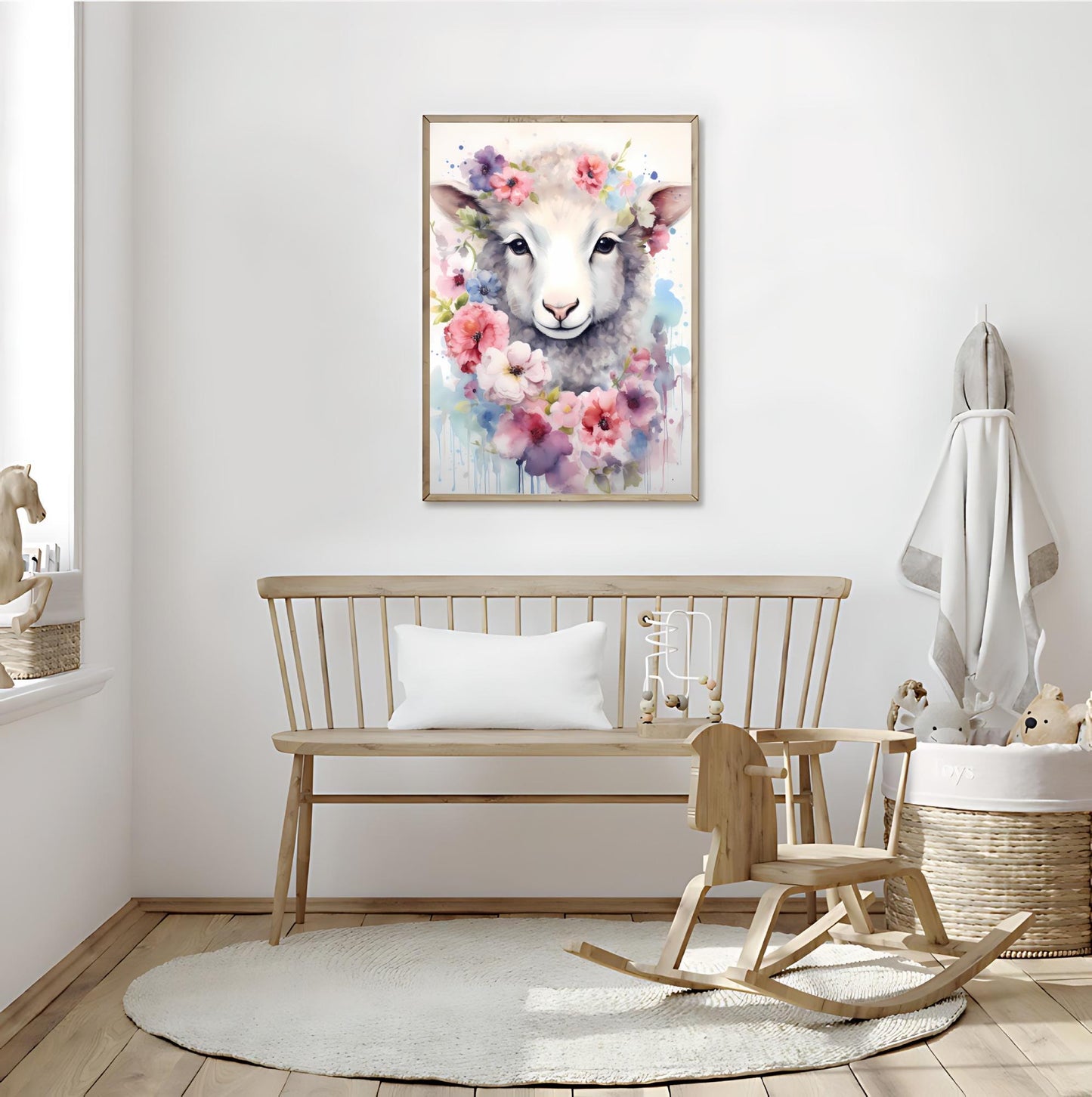 Adorable Sheep with Flowers Art Print - Printable Nursery Wall Art