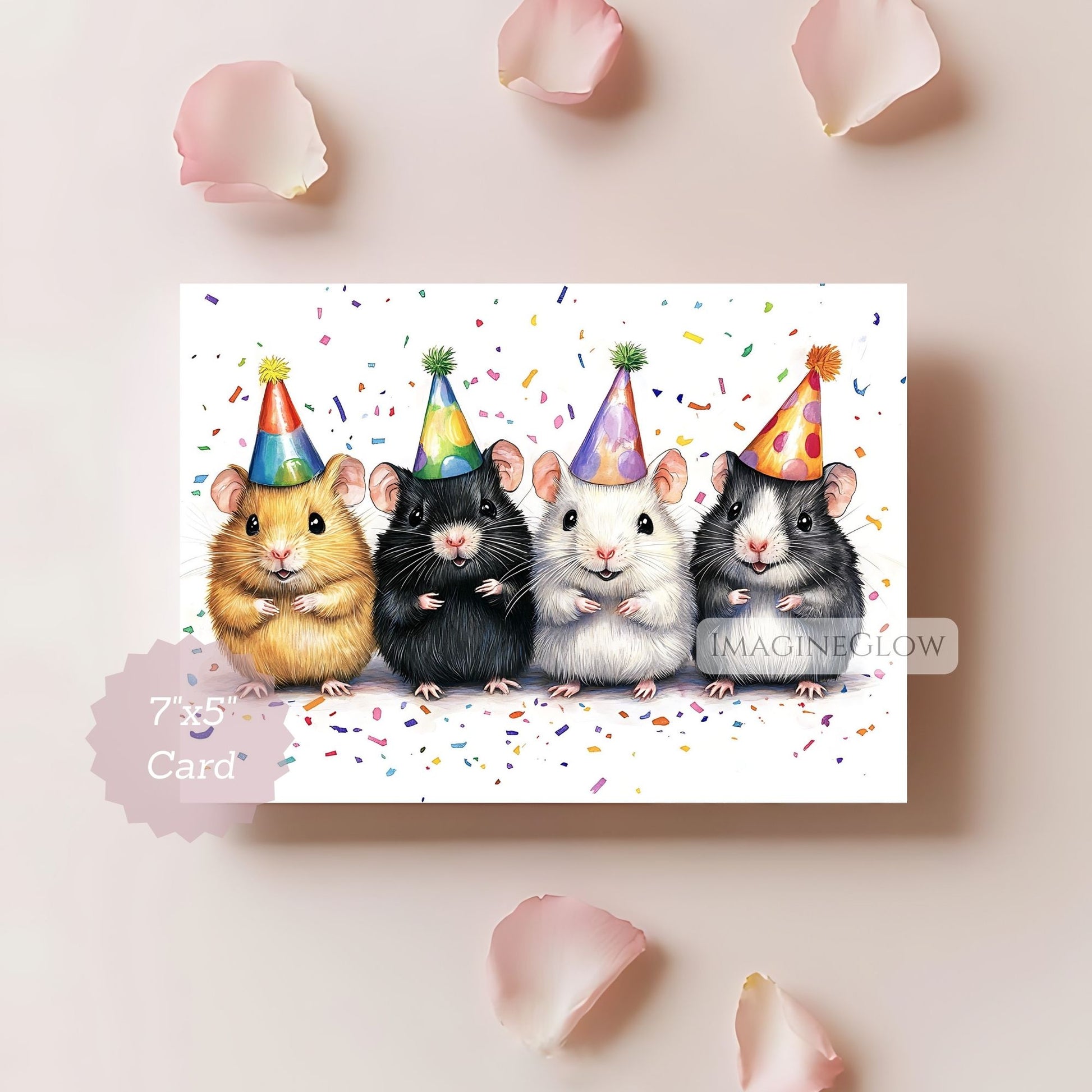 Card with four cartoon mice wearing party hats on a white background with confetti