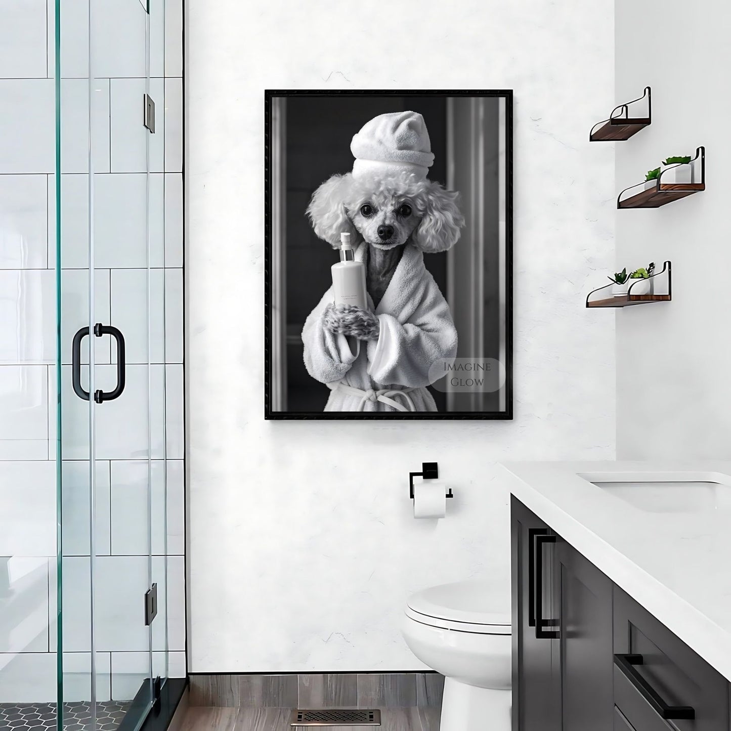 Animal bathroom print featuring a black and white Poodle