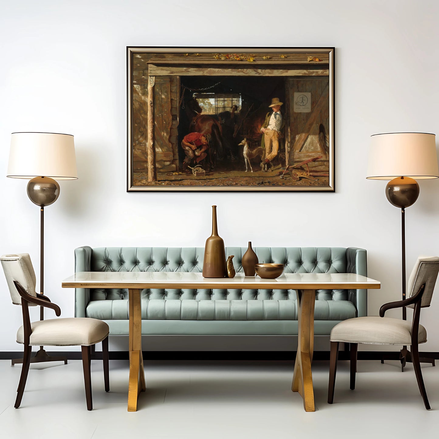 Antique-inspired painting of a shoemaker shop for home or office