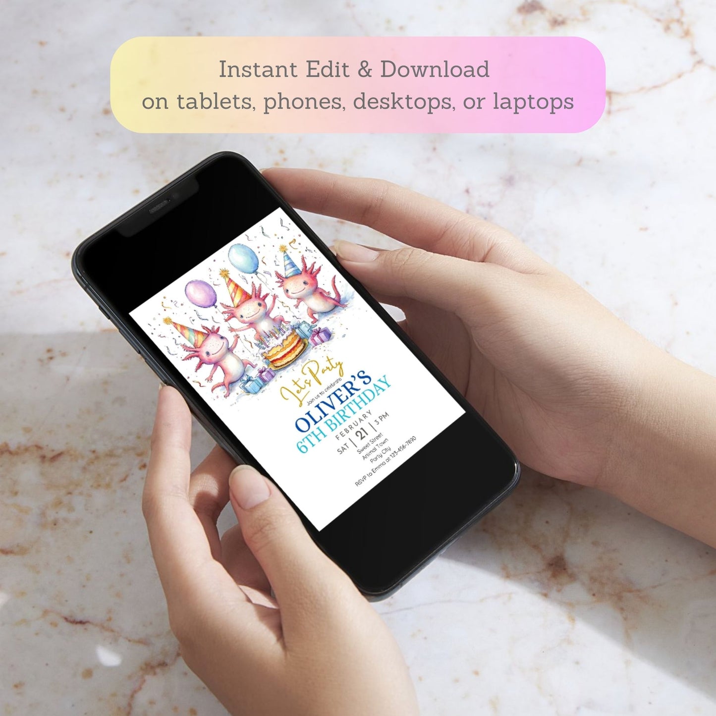 Colorful axolotl digital invitation