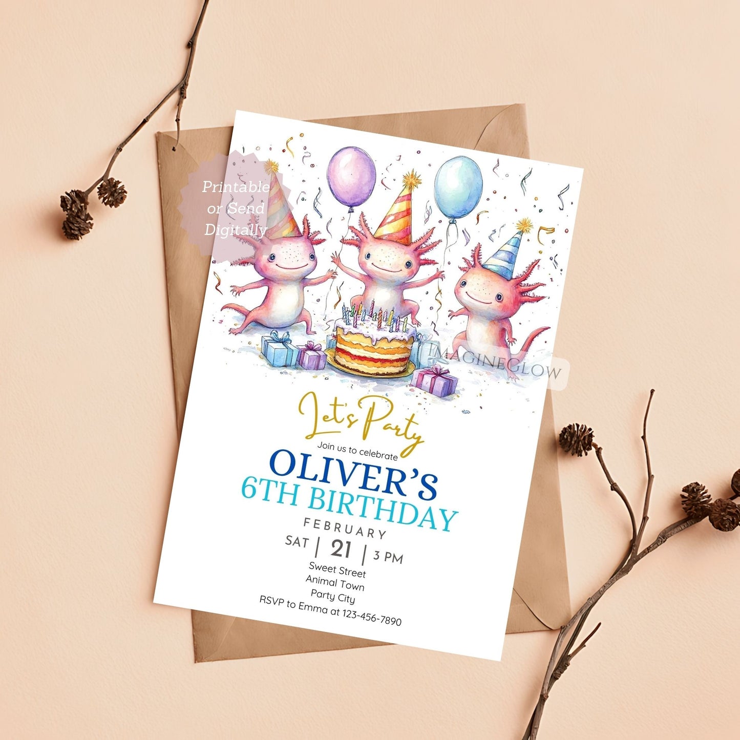 Axolotl birthday invitation for kids
Cute axolotl party invite design