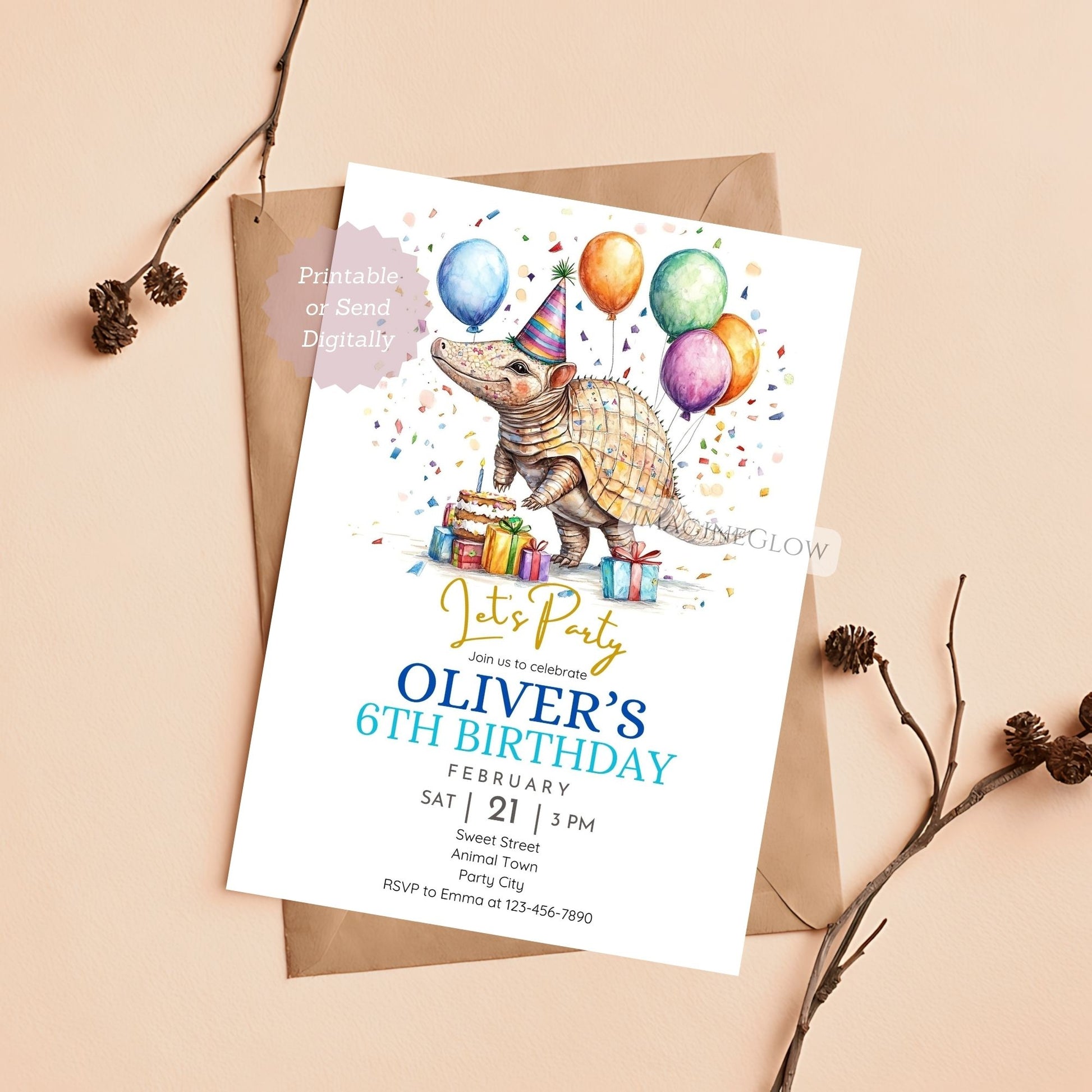 Cute armadillo birthday invitation for kids
Editable armadillo party invite