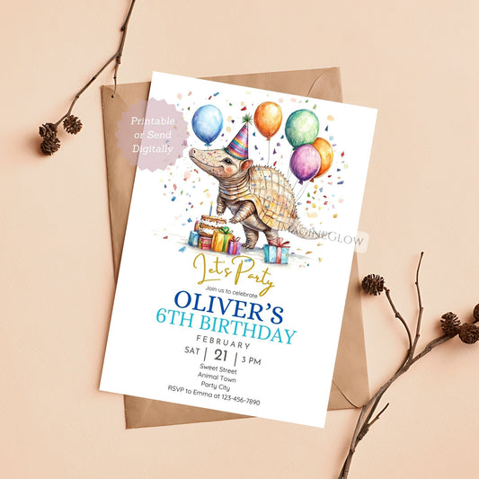 Cute armadillo birthday invitation for kids
Editable armadillo party invite