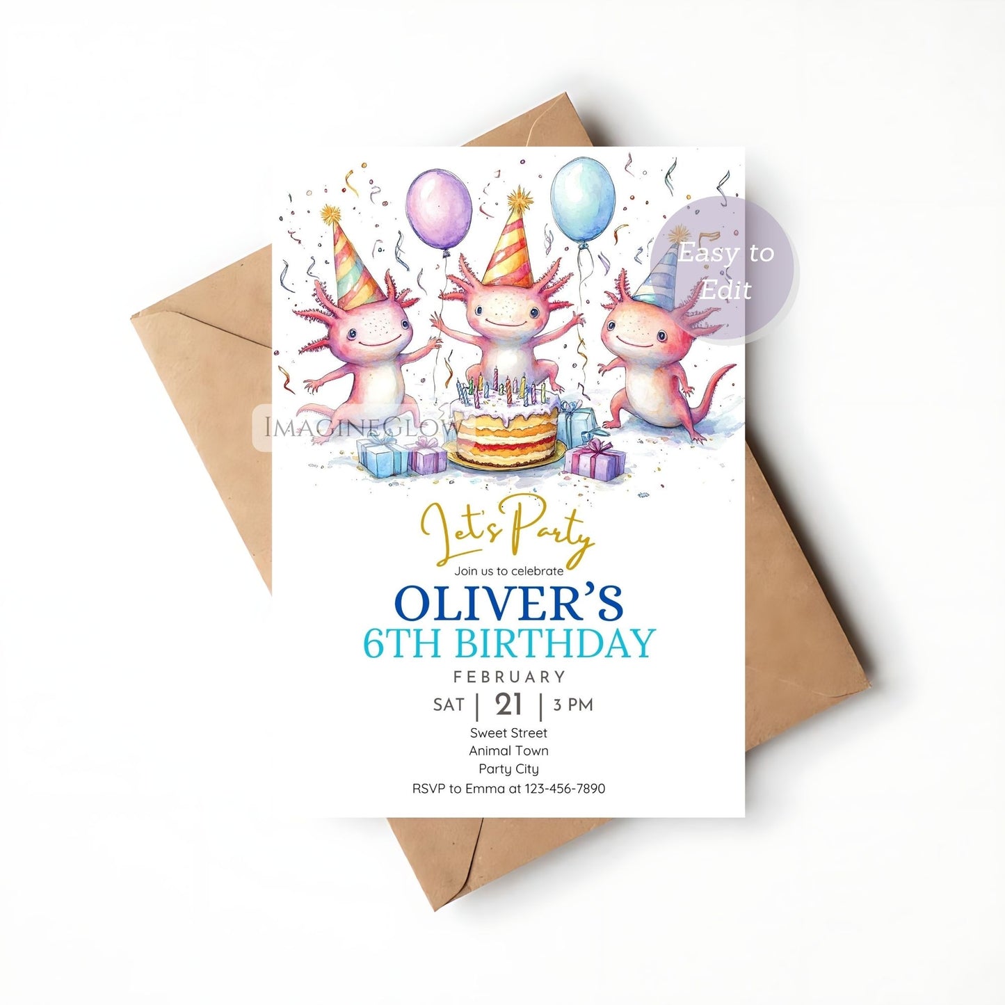 Editable aquatic birthday card template
Underwater axolotl themed party invitation