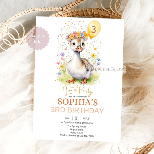 Goose birthday invitation with wildflowers