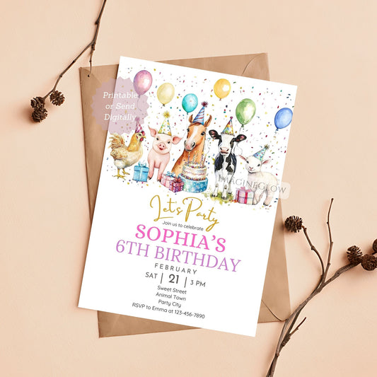 Farm animal birthday invitation with