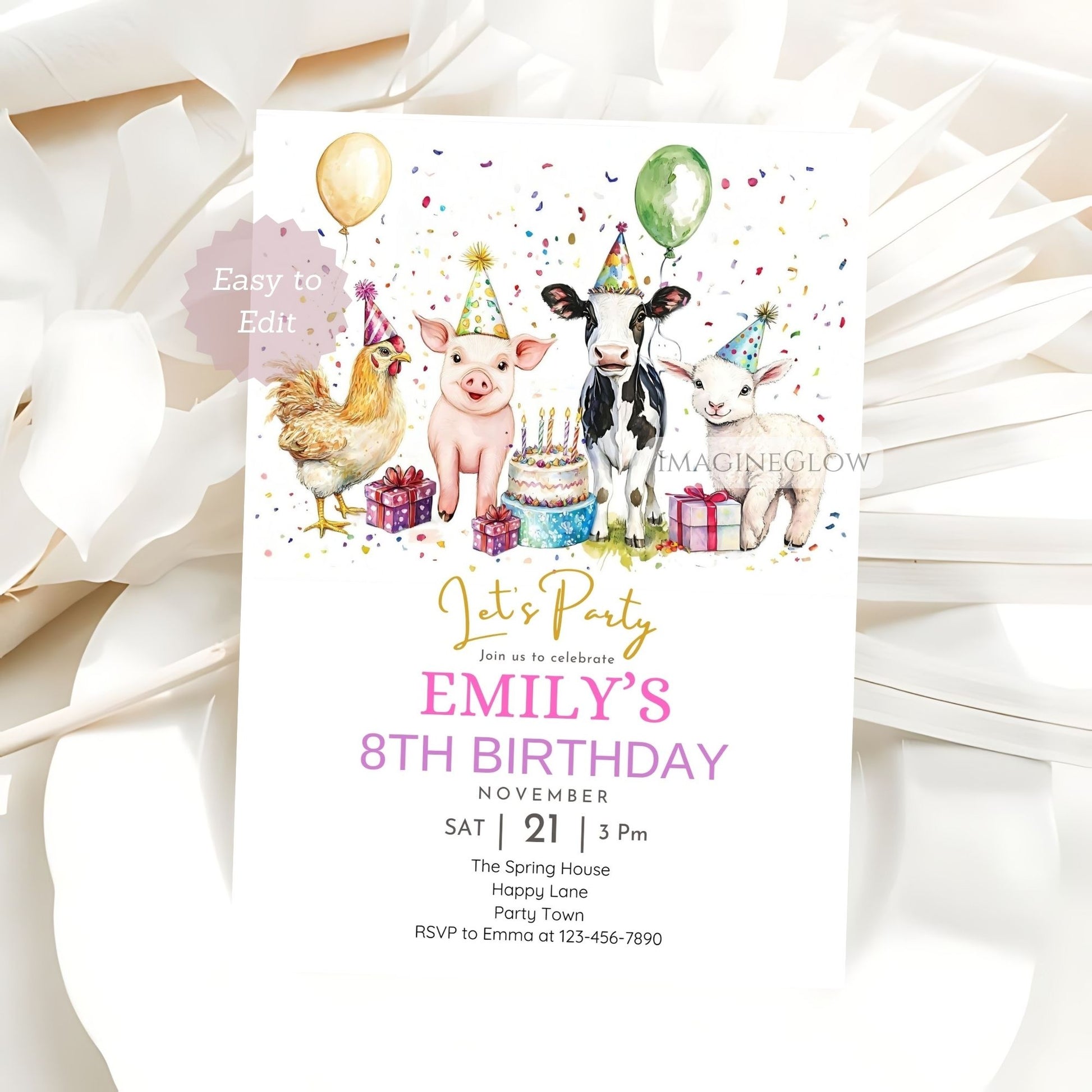 Pig birthday invitation farm theme
Lamb cow hen pig party invite