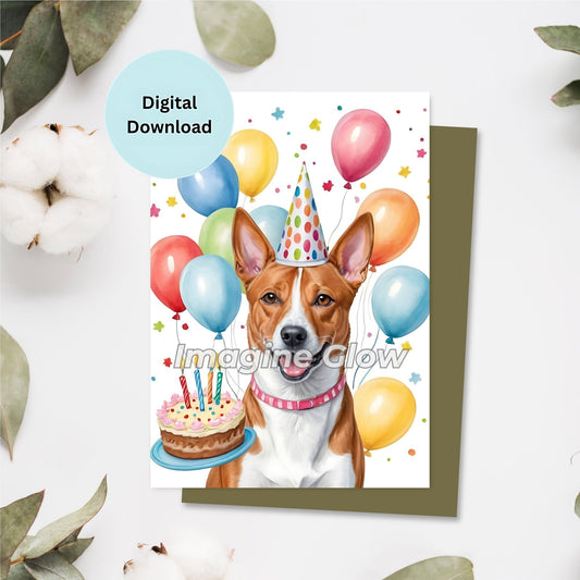 Basenji dog birthday card printable for pet lovers.